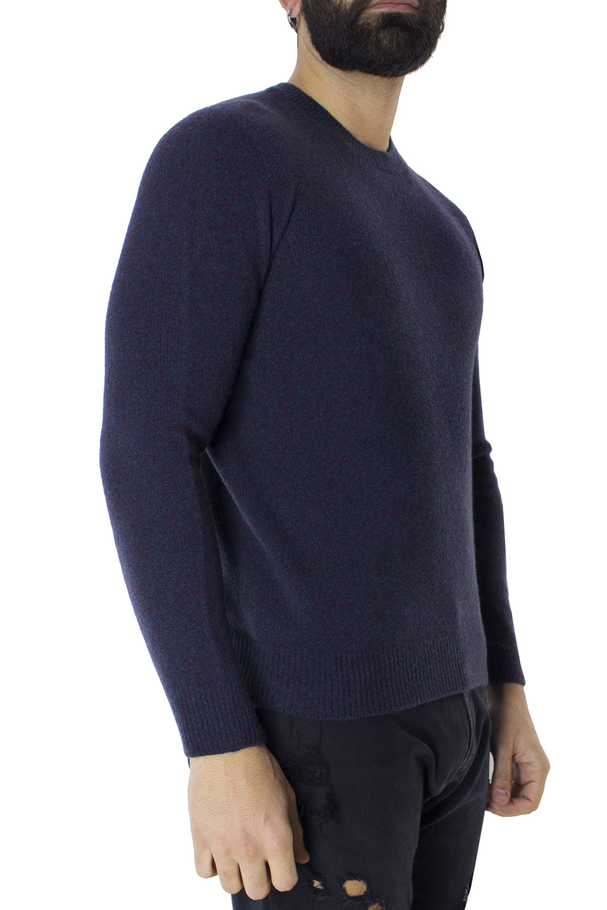 Maglione uomo Girocollo azzurro effetto melange bordeaux in lana 100% slim fit