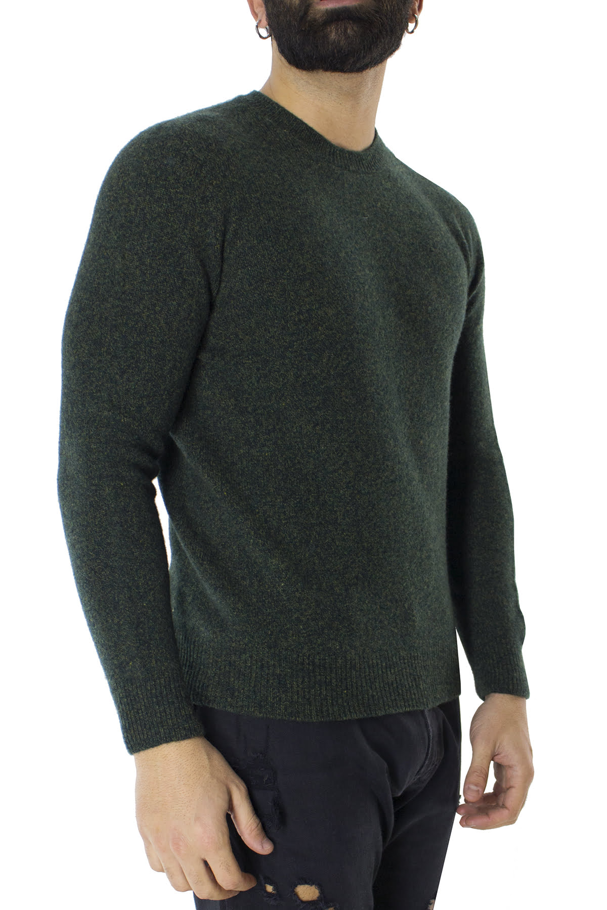 Maglione uomo Girocollo verde effetto melange senape in lana 100% slim fit
