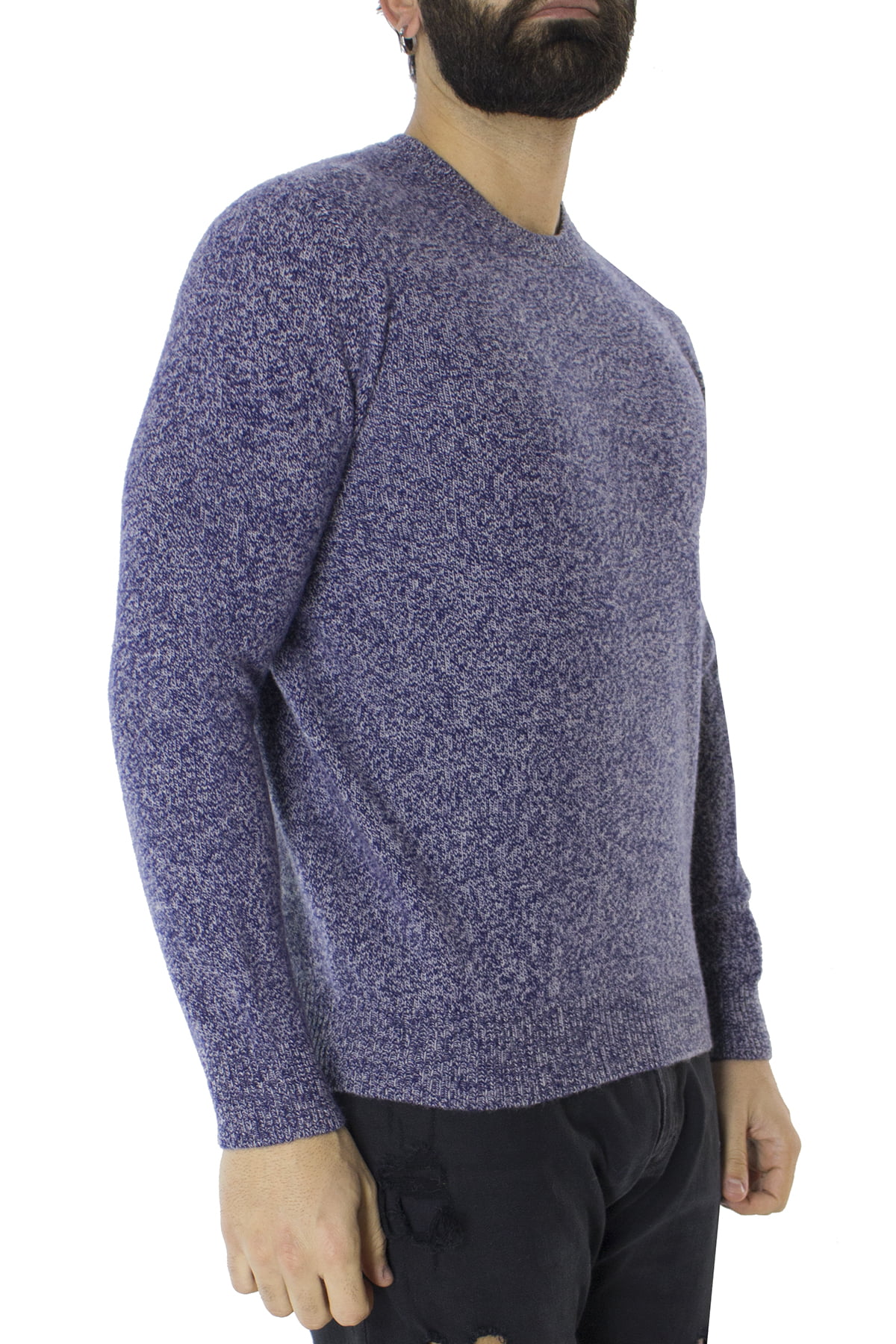 Maglione uomo Girocollo blu effetto melange bianco in lana 100% slim fit