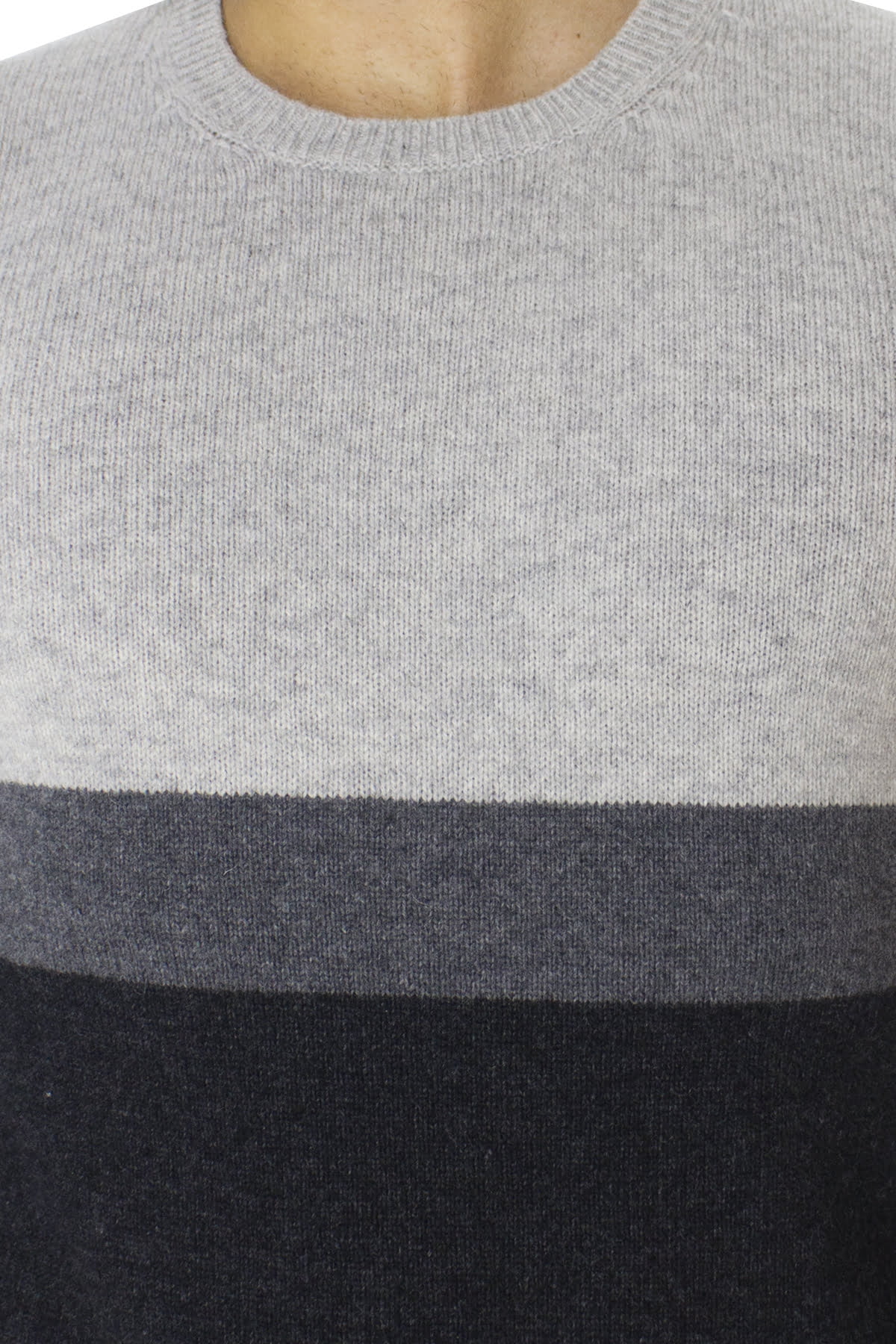 Maglione uomo Girocollo grigio chiaro in lana merinos a fasce multicolor slim fit made in italy