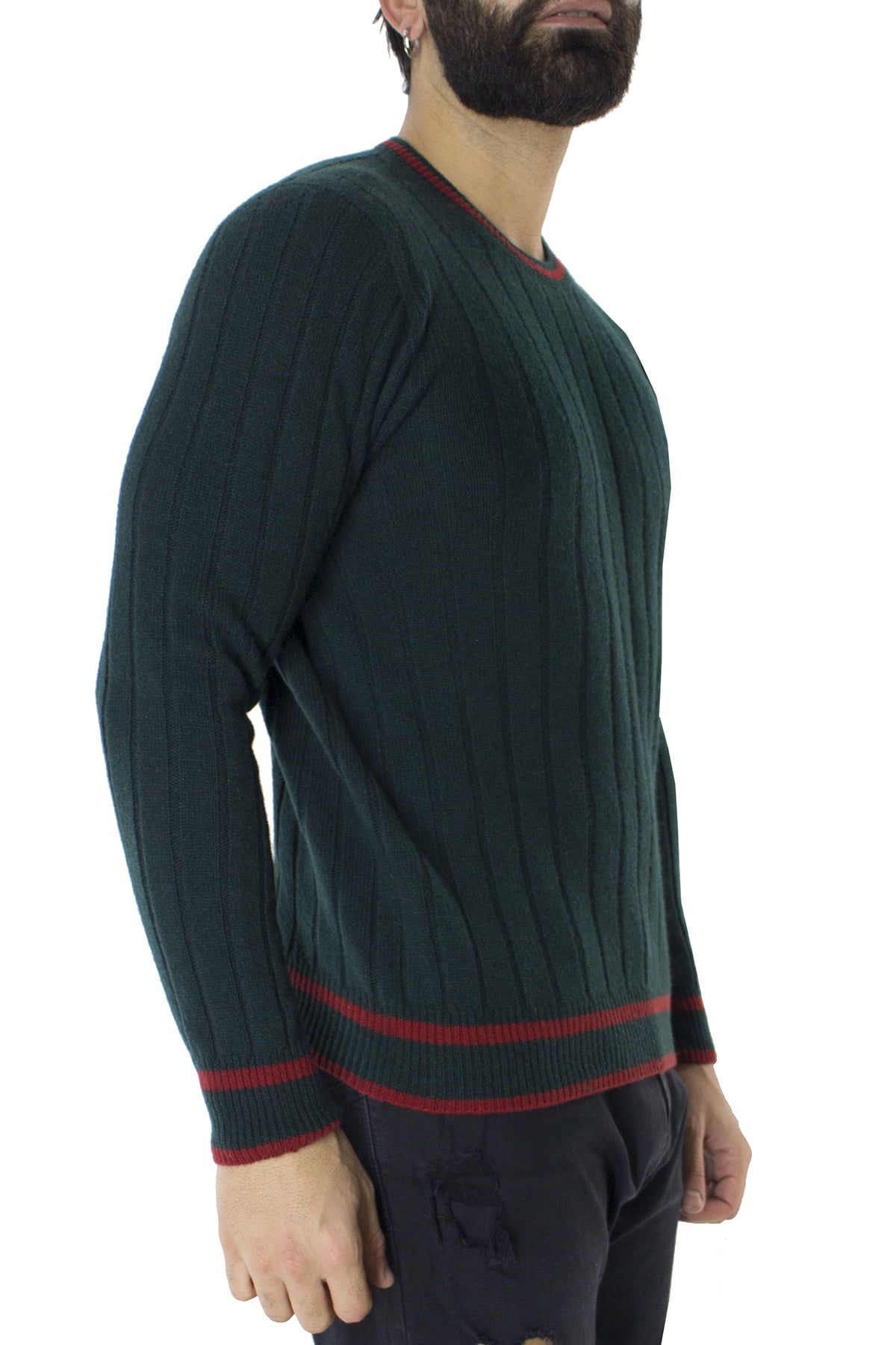 Maglione uomo Girocollo verde a coste in lana merinos con bordini rossi slim fit made in italy