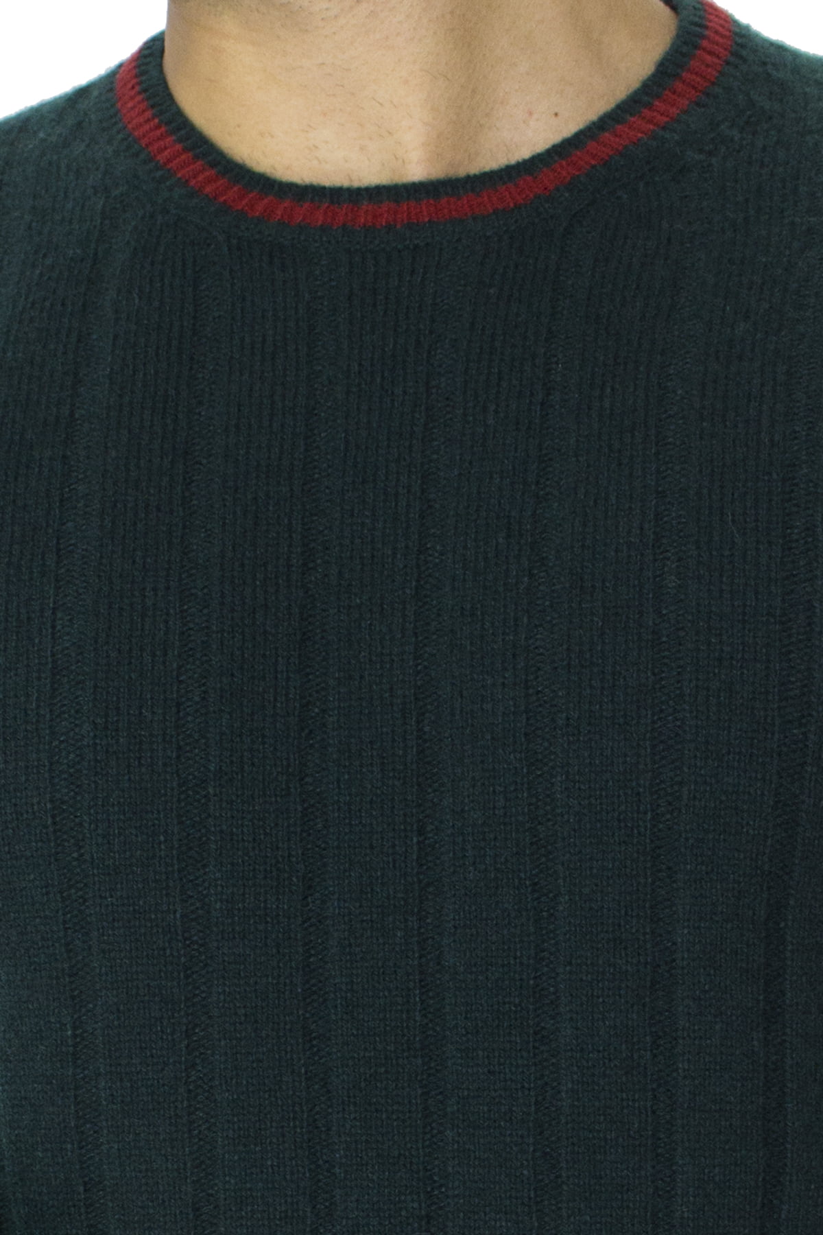 Maglione uomo Girocollo verde a coste in lana merinos con bordini rossi slim fit made in italy
