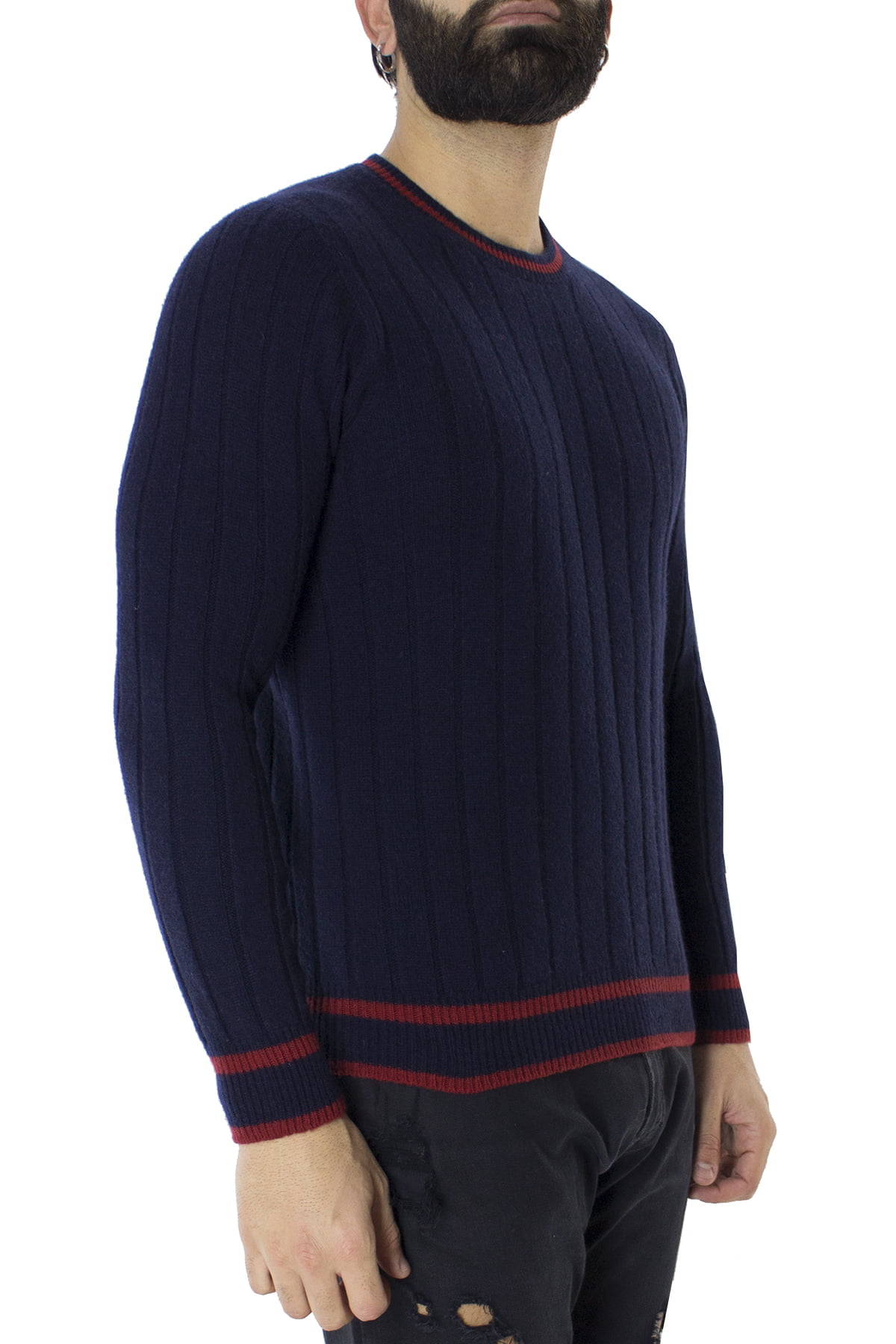 Maglione uomo Girocollo blu a coste in lana merinos con bordini rossi slim fit made in italy