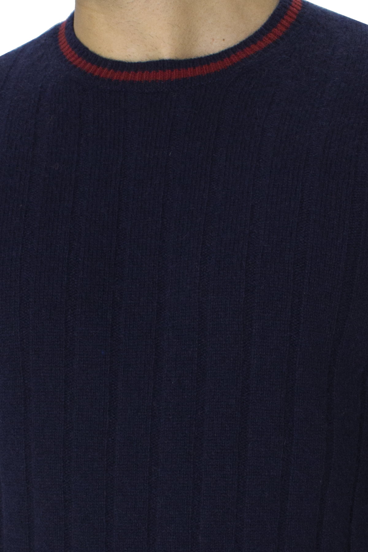 Maglione uomo Girocollo blu a coste in lana merinos con bordini rossi slim fit made in italy