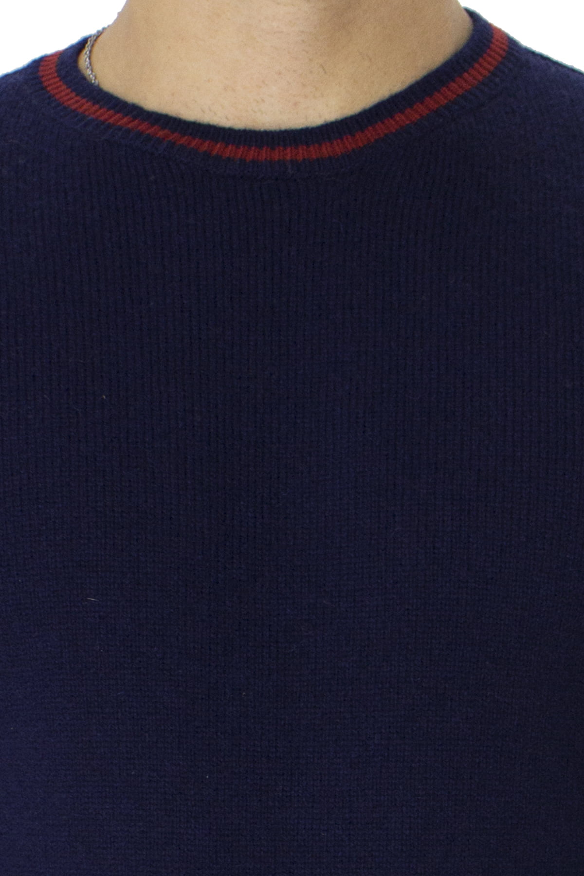 Maglione uomo Girocollo blu in lana merinos con bordini rossi slim fit made in italy
