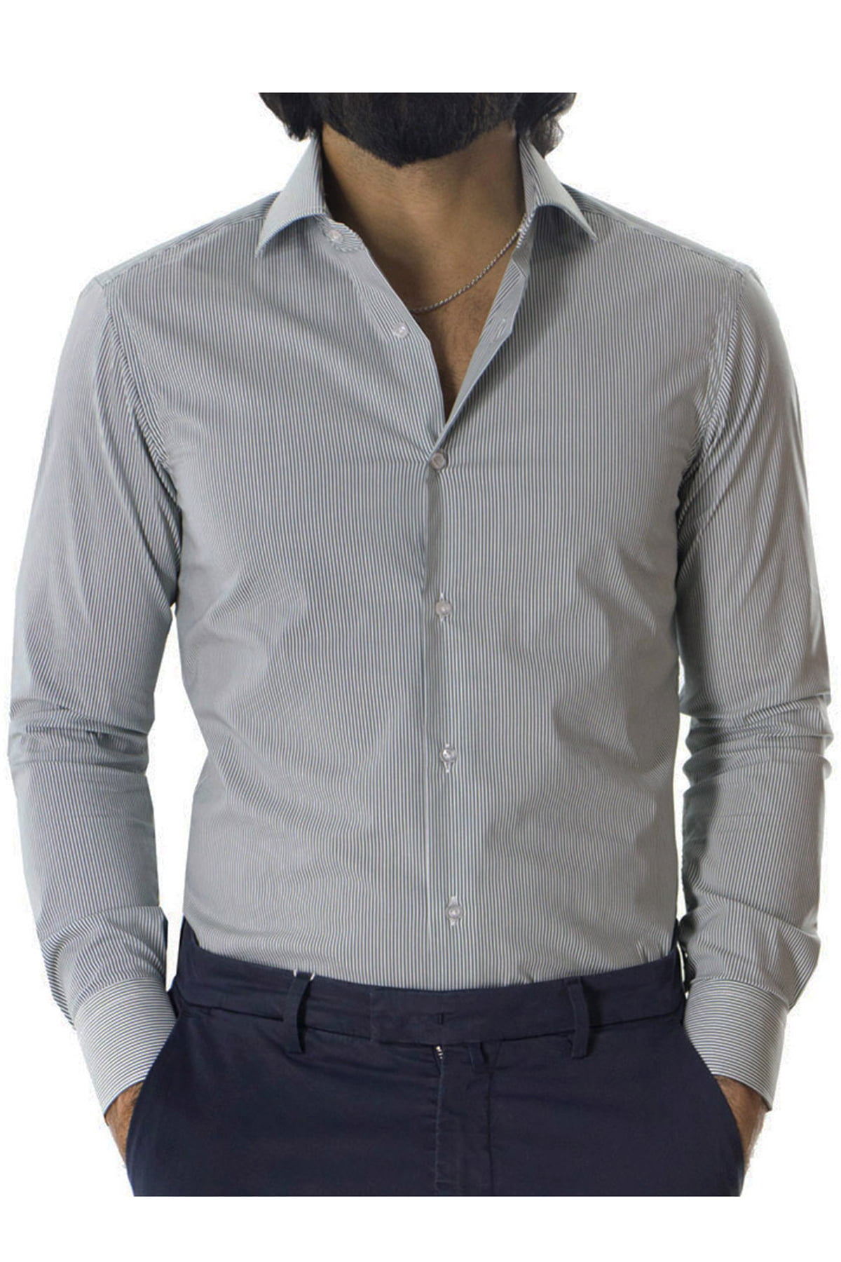 Camicia Uomo millerighe Slim fit in cotone Elasticizzata Collo semi francese Casual e Elegante