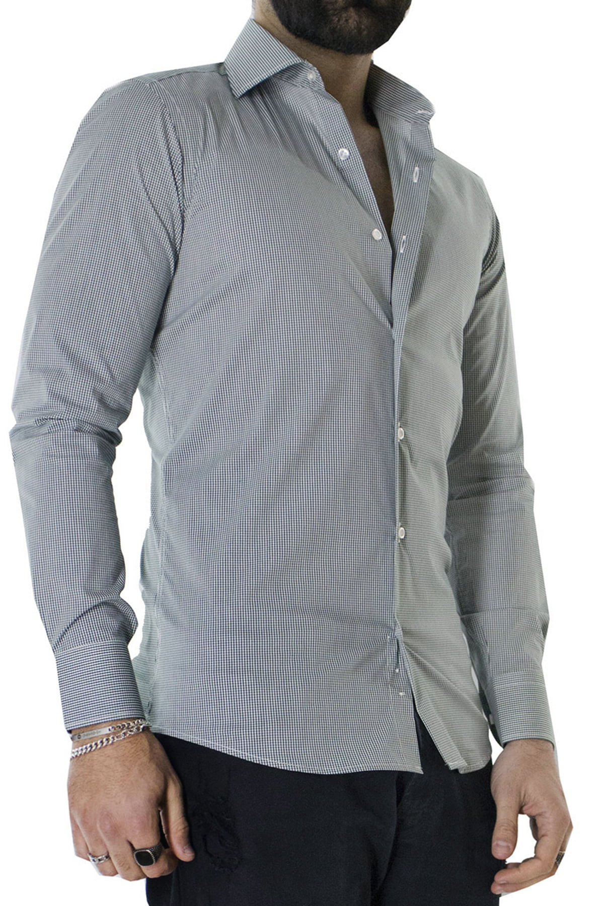 Camicia Uomo microquadro Slim Fit Collo semi francese cotone Elasticizzata casual e elegante