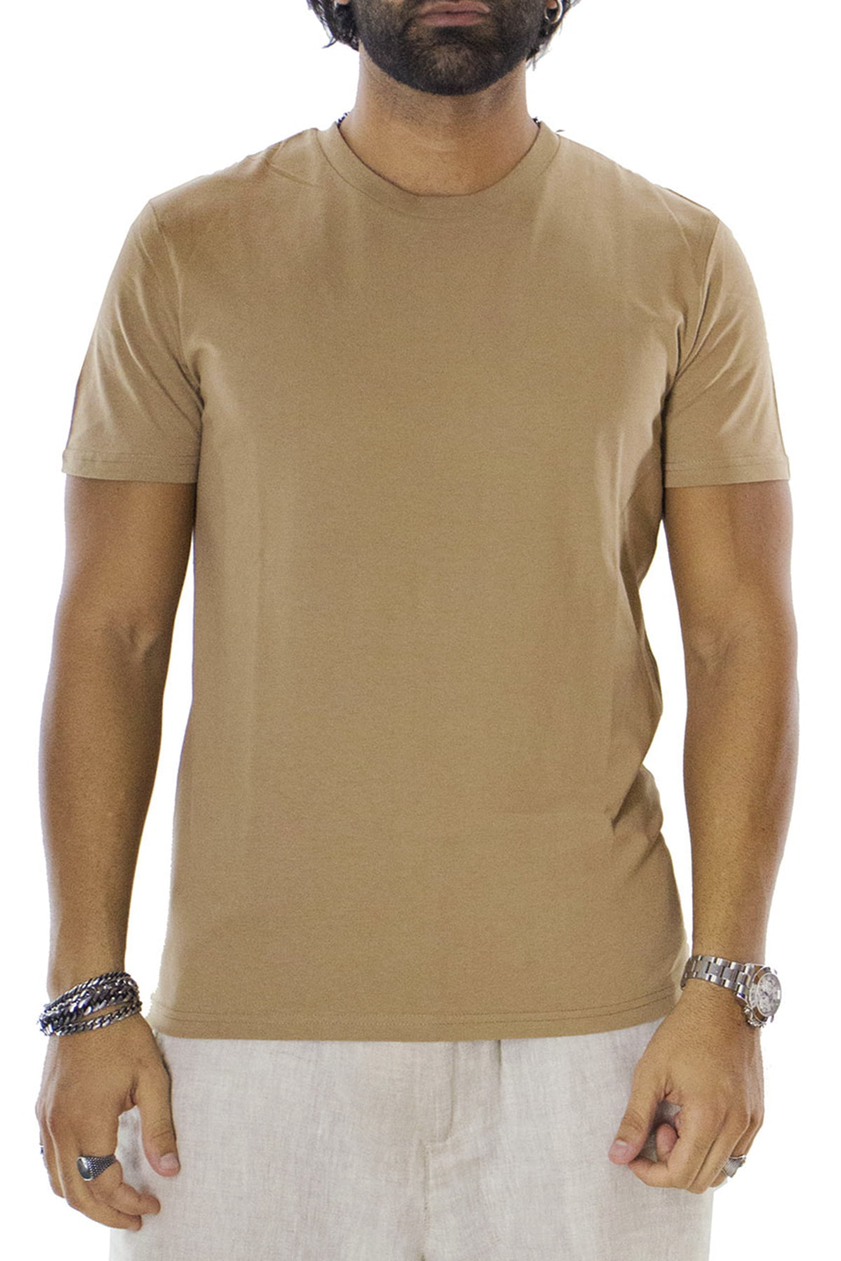 T-shirt da uomo in cotone organico tinta unita cammello regular fit elasticizzata girocollo