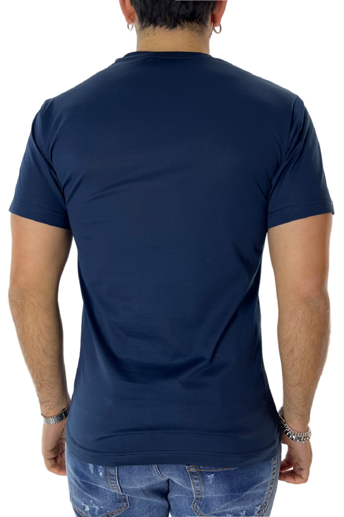T-shirt da uomo Blu in cotone 100% Filo di scozia slim fit tinta unita Made In Italy