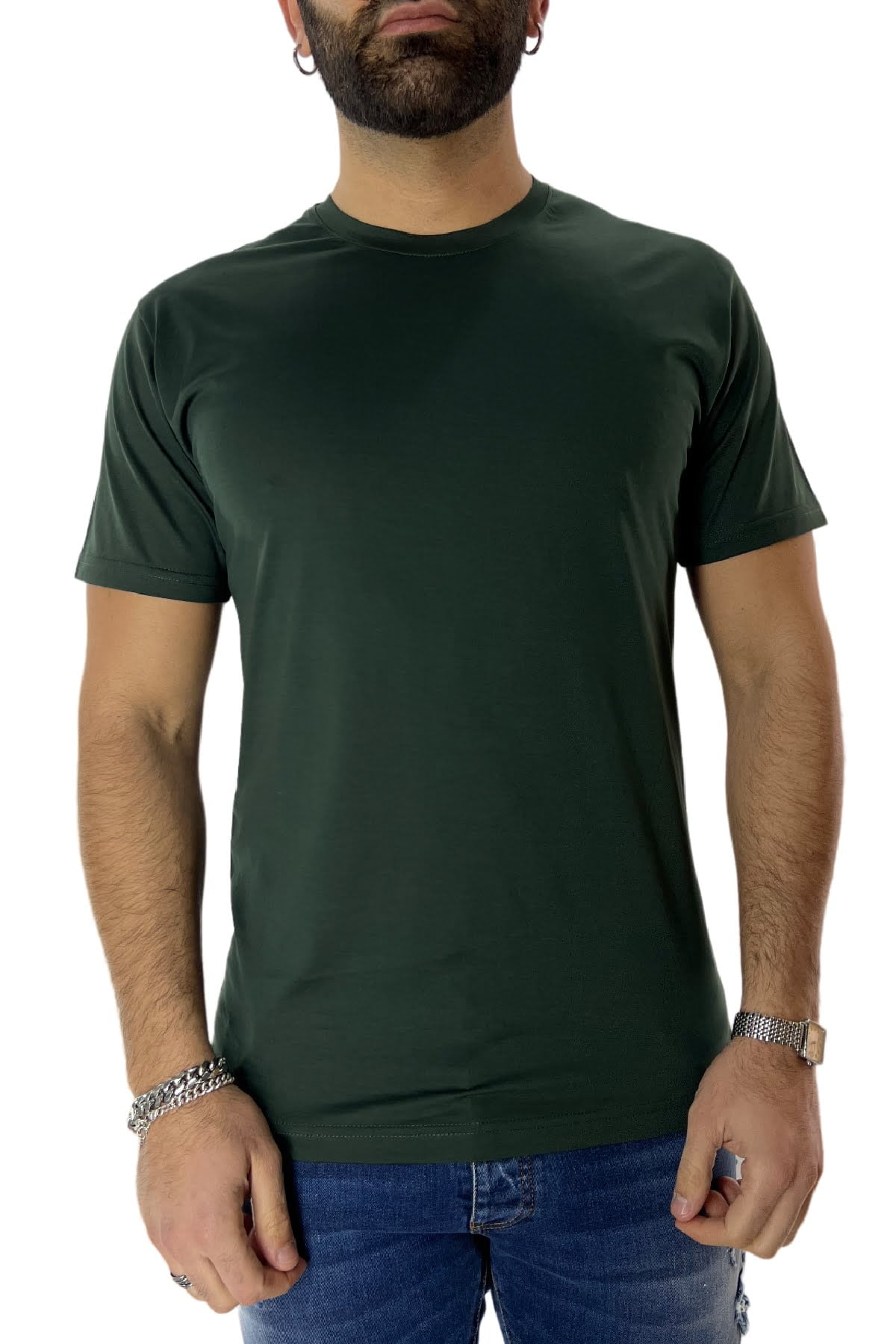 T-shirt da uomo Verde in cotone 100% Filo di scozia slim fit tinta unita Made In Italy