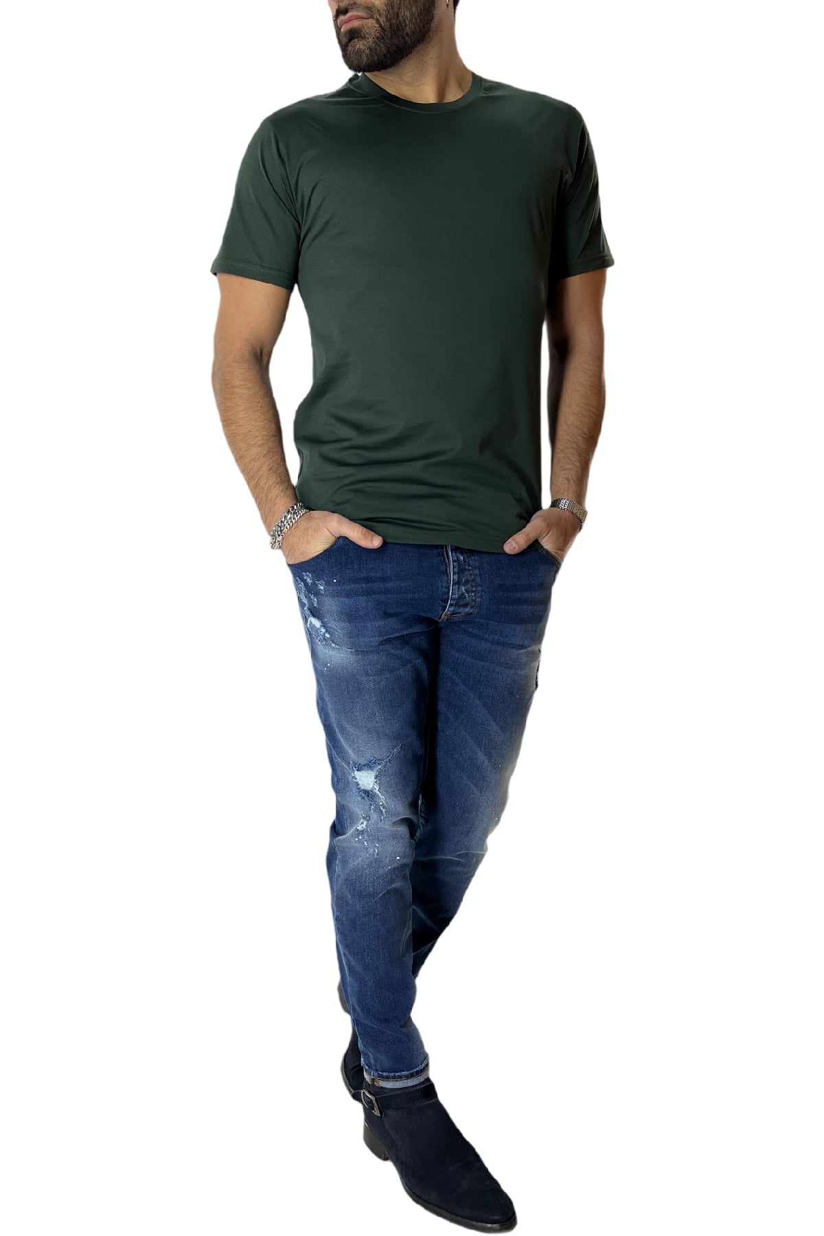 T-shirt da uomo Verde in cotone 100% Filo di scozia slim fit tinta unita Made In Italy