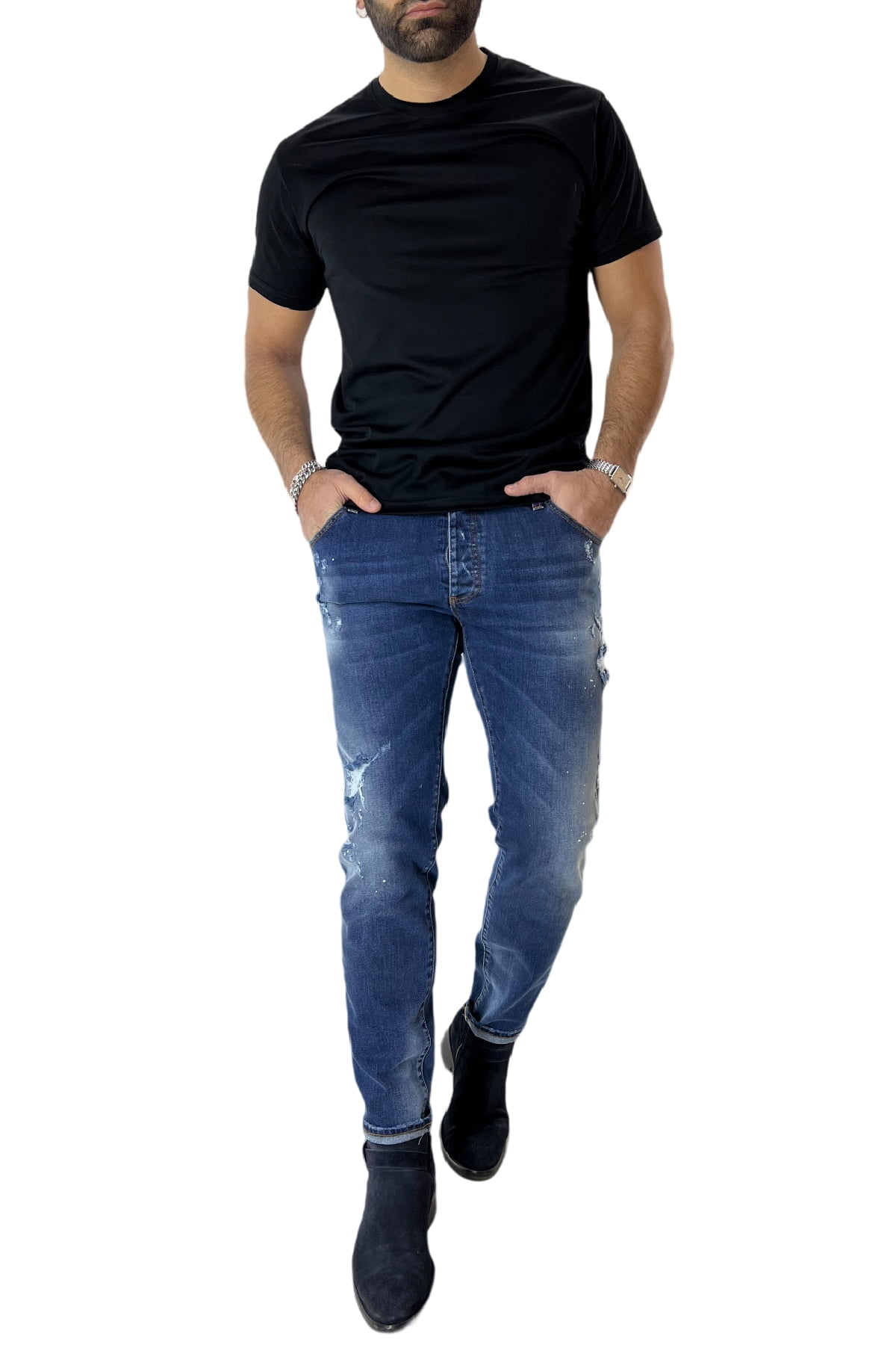 T-shirt da uomo Nero in cotone 100% Filo di scozia slim fit tinta unita Made In Italy