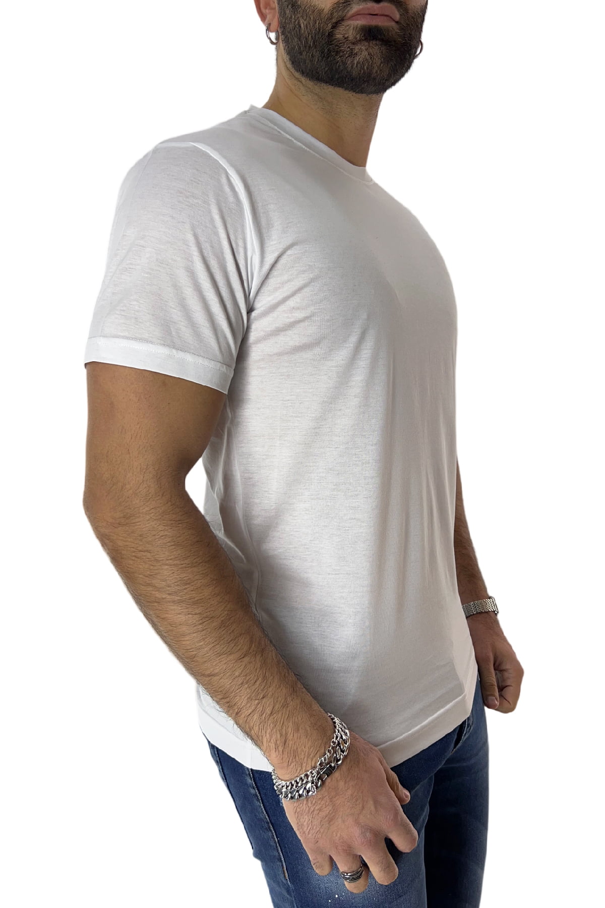 T-shirt da uomo Bianco in cotone 100% Filo di scozia slim fit tinta unita Made In Italy