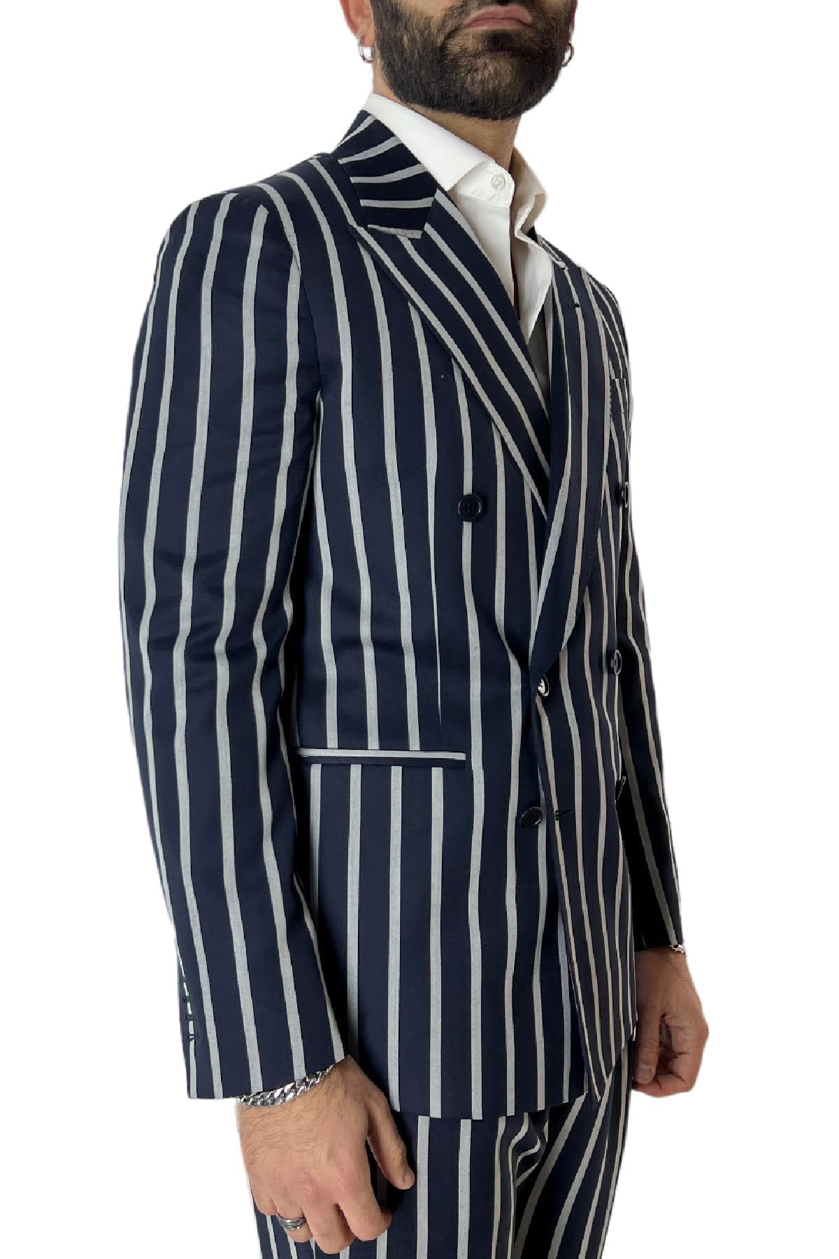 Abito uomo blu riga grigio giacca doppiopetto e pantalone vita alta in fresco lana 120’s Holland & Sherry
