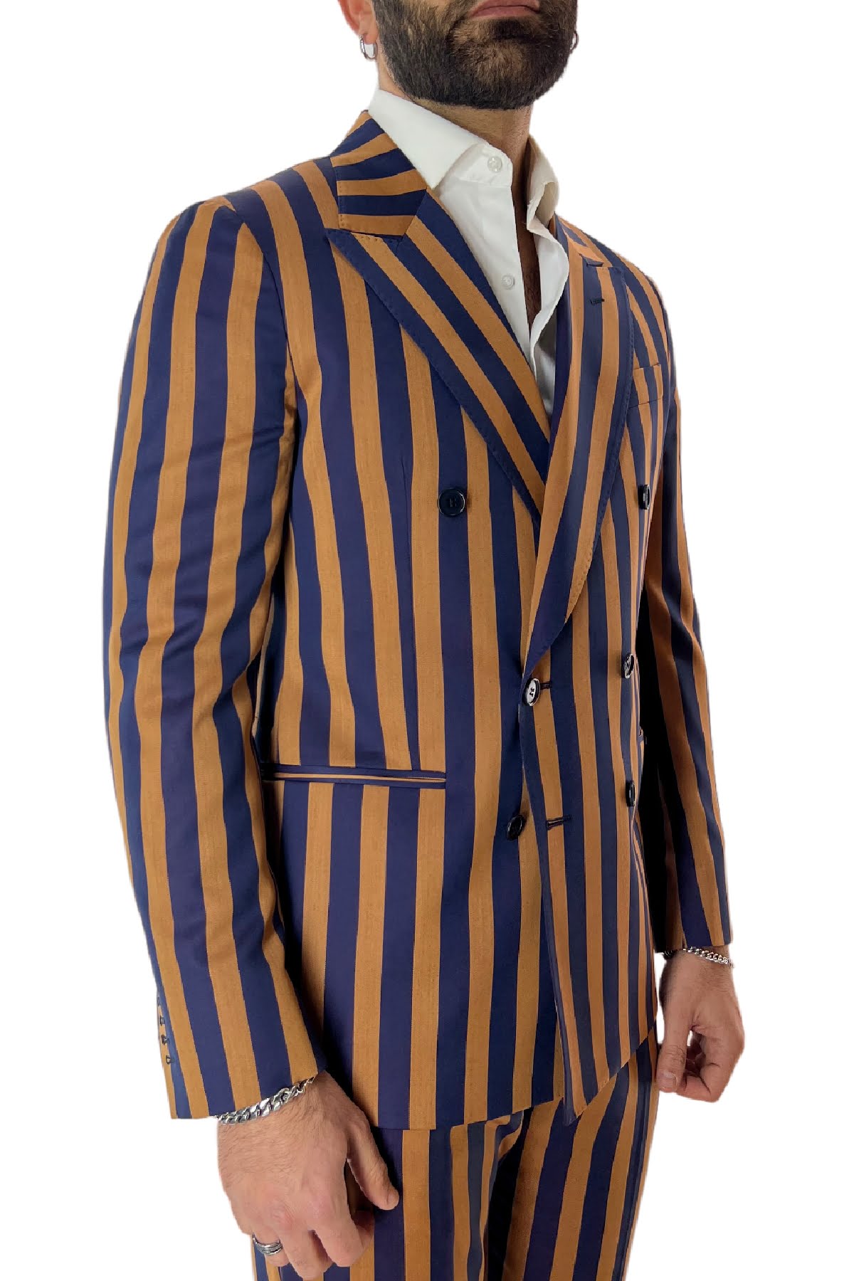 Abito uomo arancio riga blu con giacca doppiopetto e pantalone vita alta in fresco lana 120’s Holland & Sherry