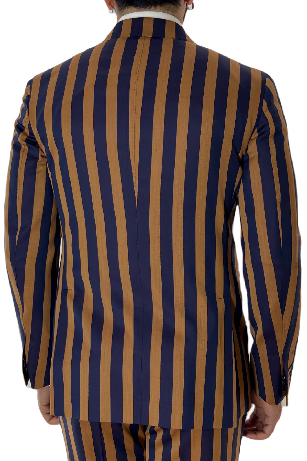 Giacca uomo doppiopetto arancio riga blu in fresco lana 120's Holland & Sherry