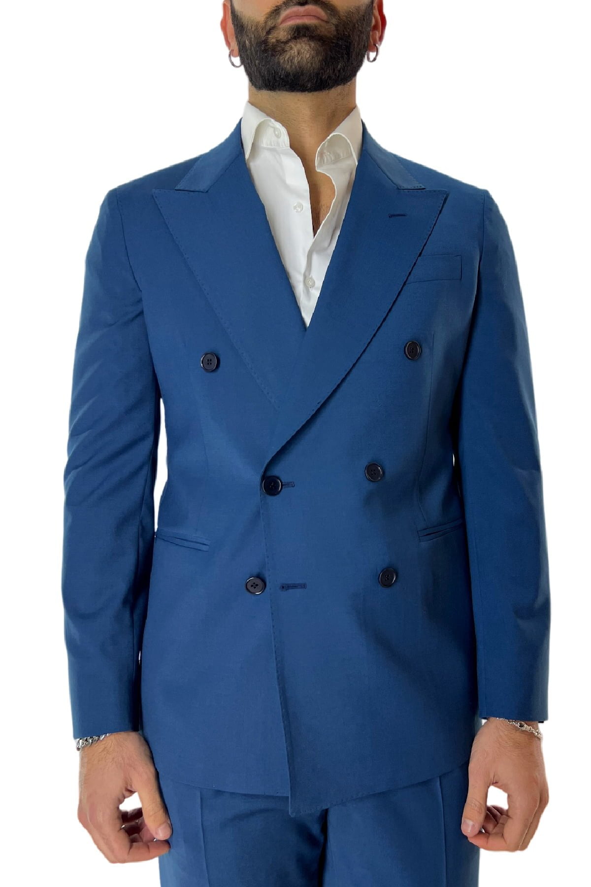 Abito uomo royal blu con giacca doppiopetto e pantalone vita alta in fresco lana made in italy