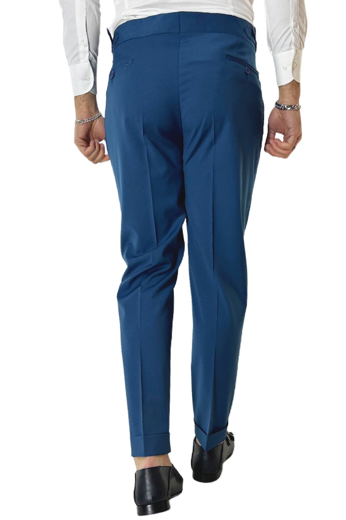 Pantalone uomo royal blu in fresco lana tinta unita vita alta con pinces fibbie laterali e risvolto 4cm