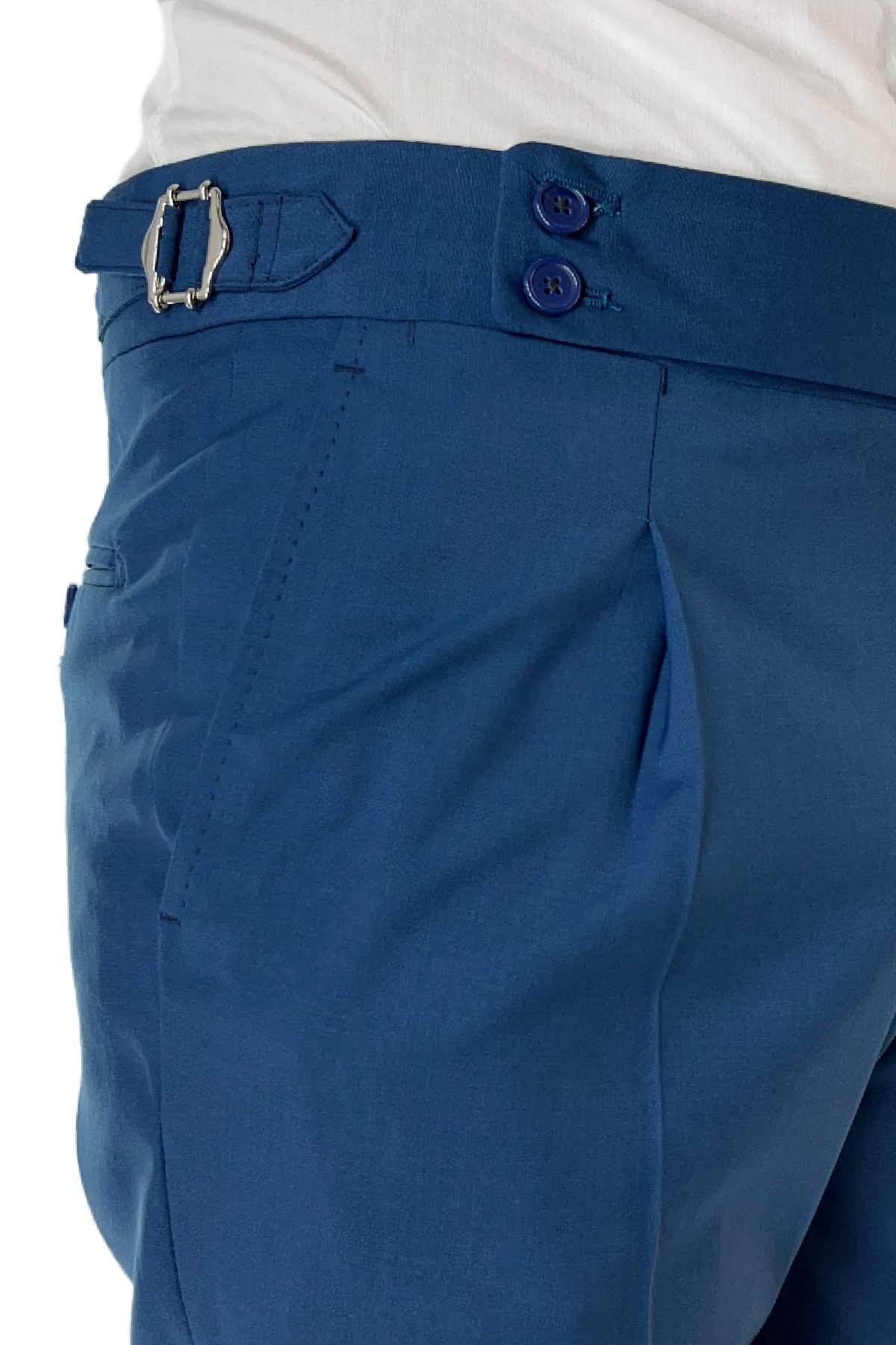 Pantalone uomo royal blu in fresco lana tinta unita vita alta con pinces fibbie laterali e risvolto 4cm