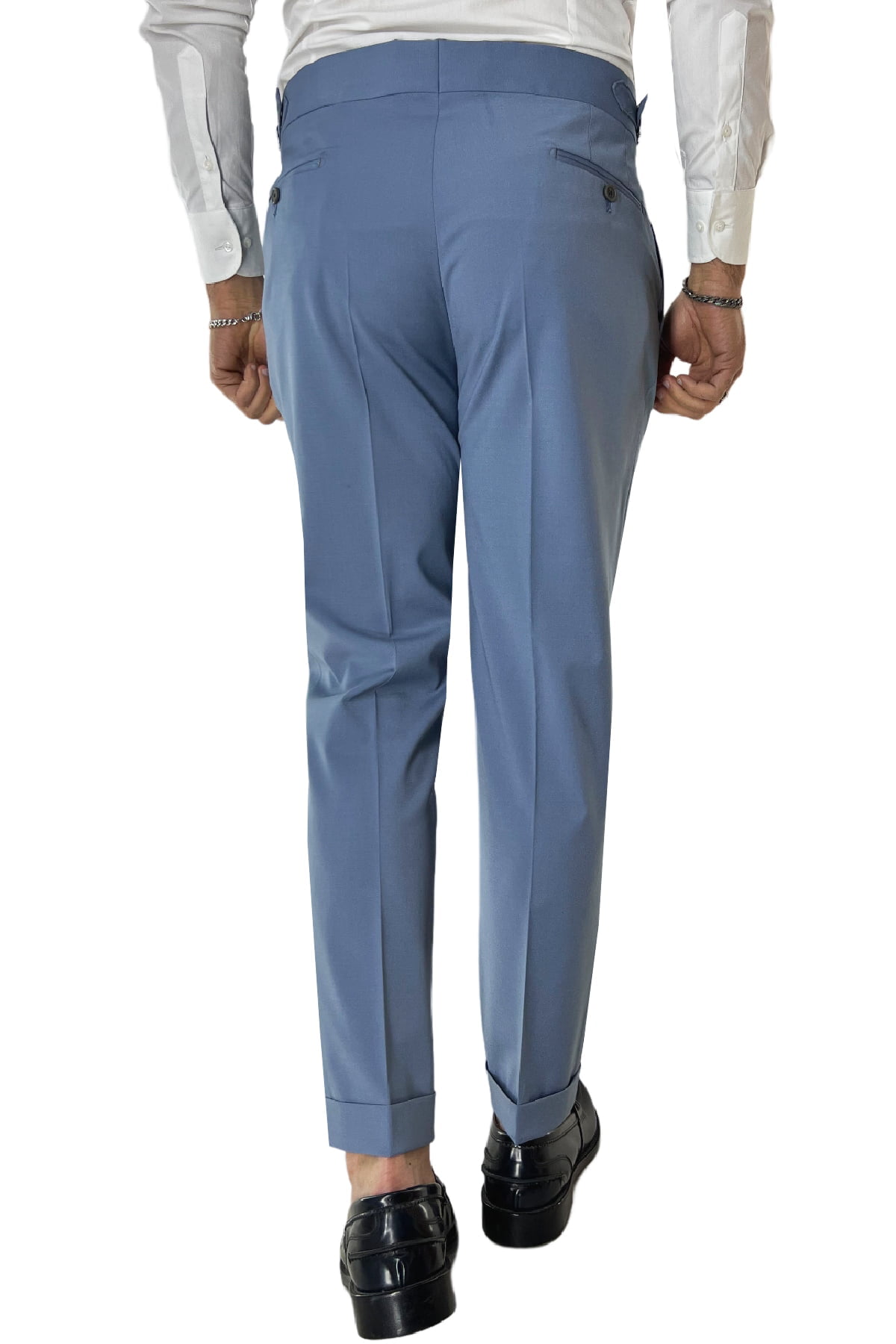 Pantalone uomo Celeste in fresco lana tinta unita vita alta con pinces fibbie laterali e risvolto 4cm