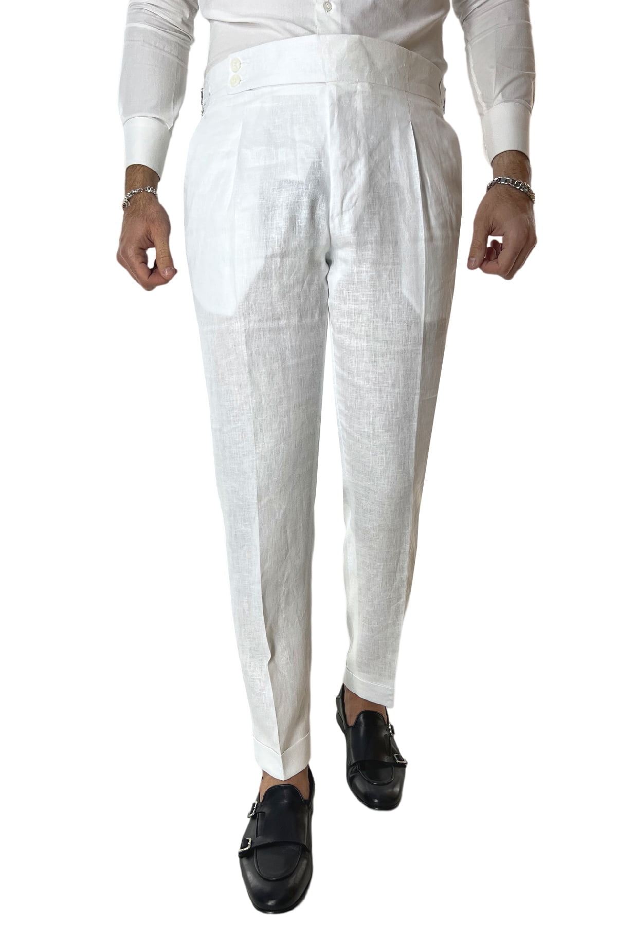 Pantalone uomo bianco in lino 100% vita alta con pinces fibbie laterali e risvolto 4cm