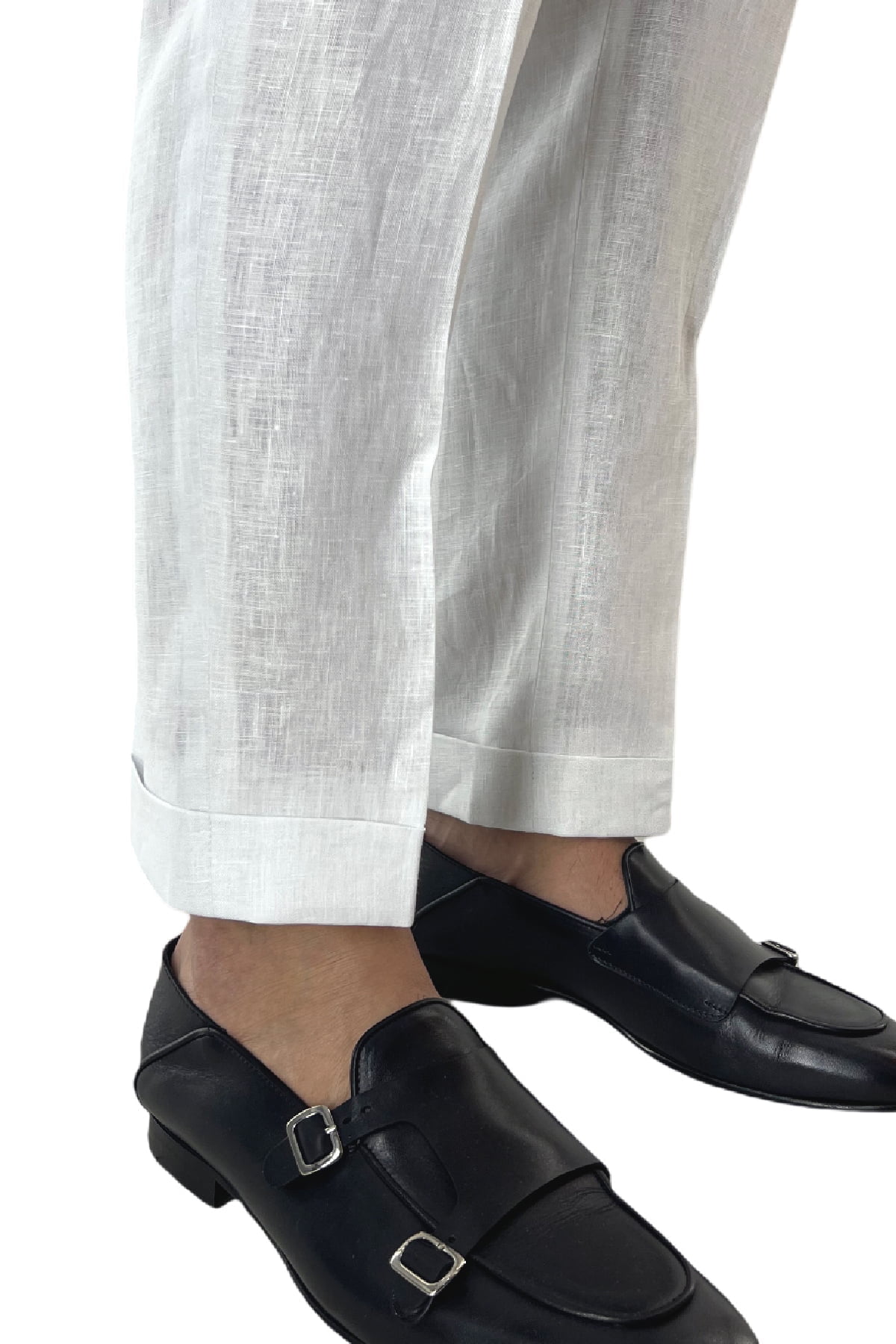 Pantalone uomo bianco in lino 100% vita alta con pinces fibbie laterali e risvolto 4cm