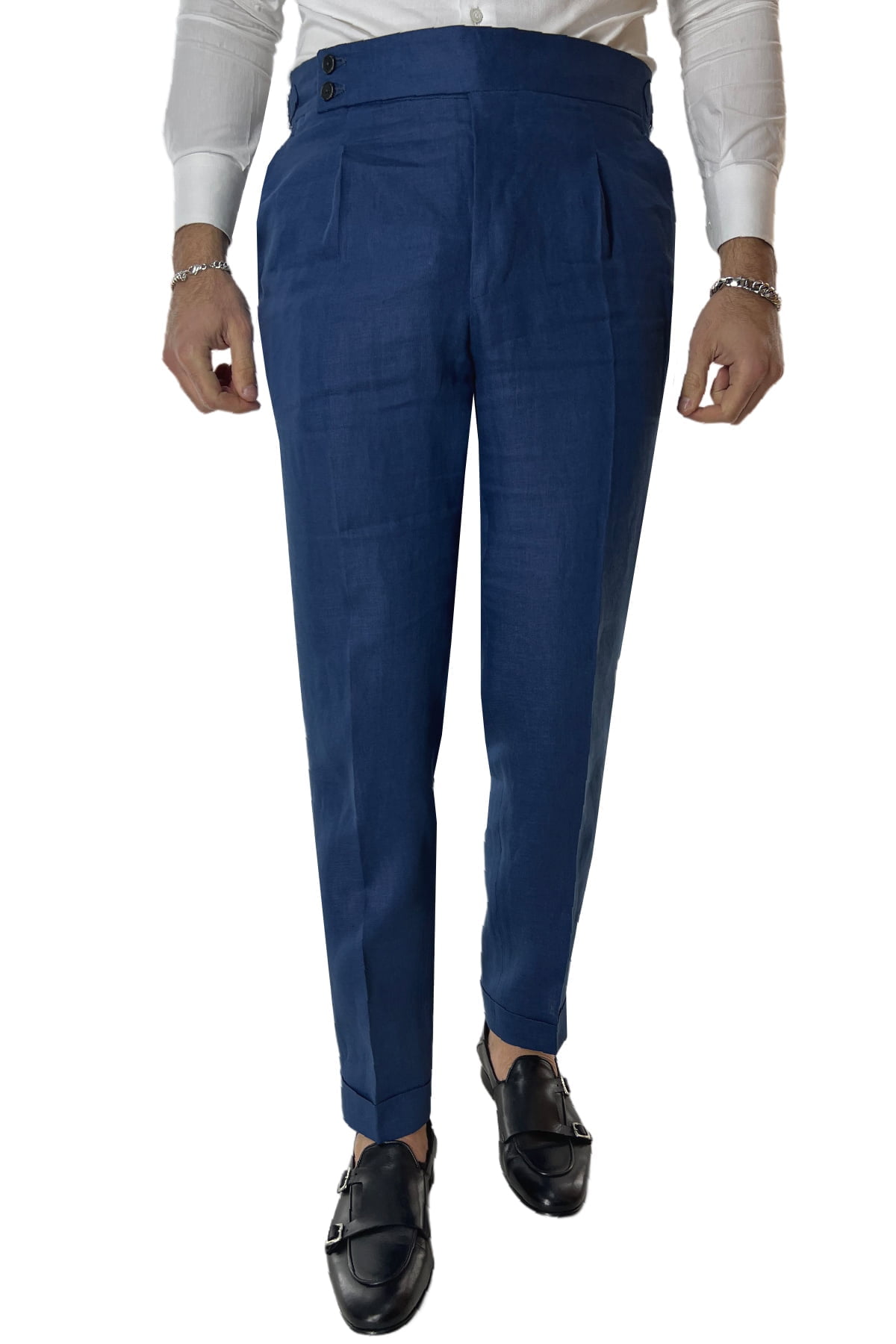 Pantalone uomo royal blu in lino 100% vita alta con pinces fibbie laterali e risvolto 4cm
