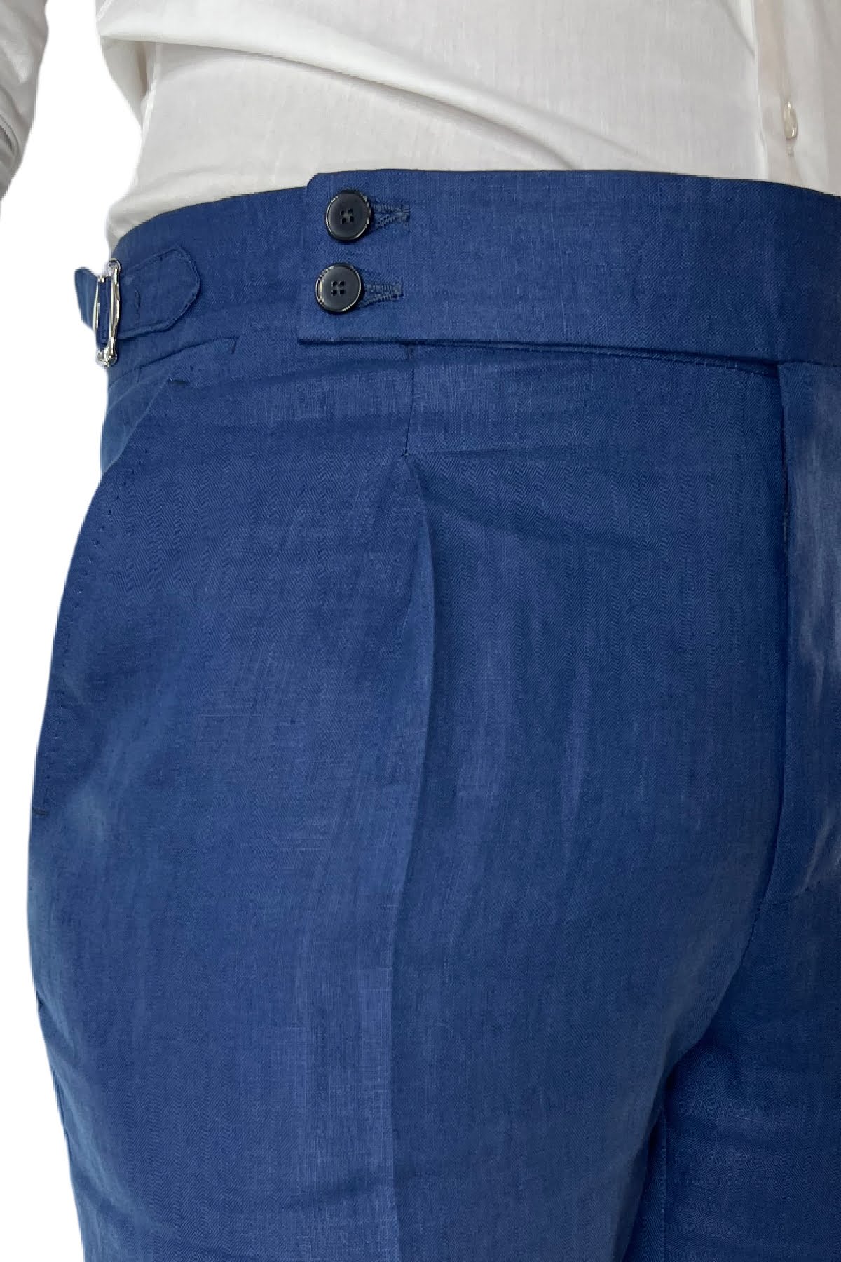 Pantalone uomo royal blu in lino 100% vita alta con pinces fibbie laterali e risvolto 4cm