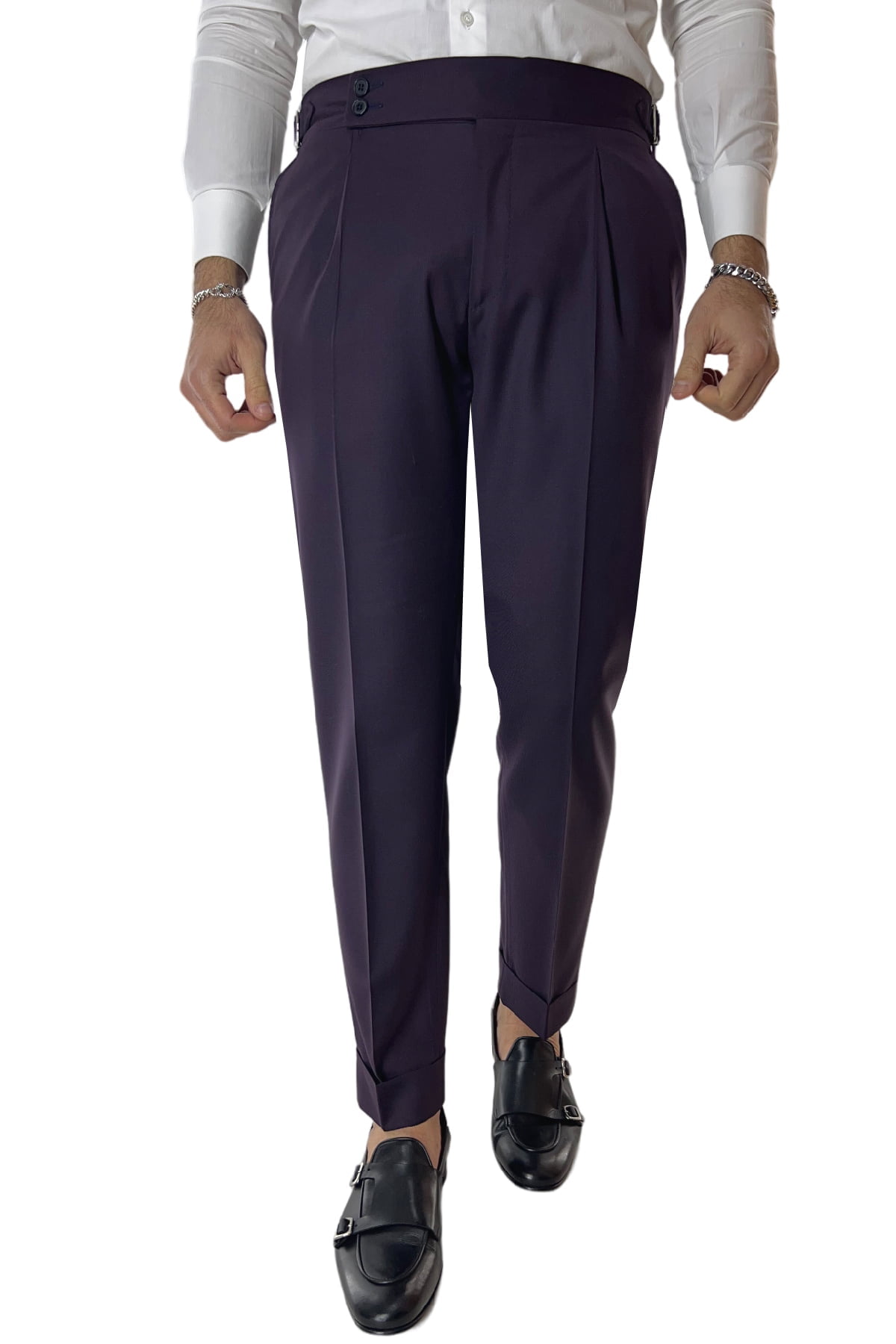 Pantalone uomo viola in fresco lana 120's Holland & Sherry vita alta con pinces fibbie laterali e risvolto 4cm