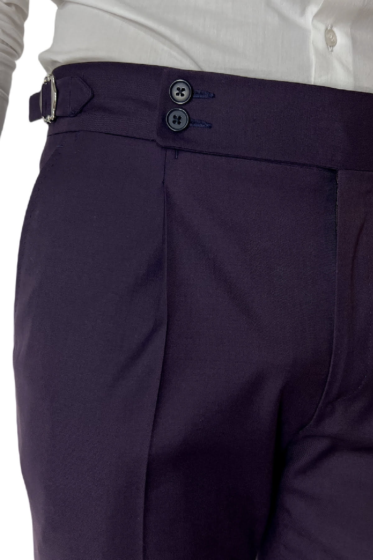 Pantalone uomo viola in fresco lana 120's Holland & Sherry vita alta con pinces fibbie laterali e risvolto 4cm