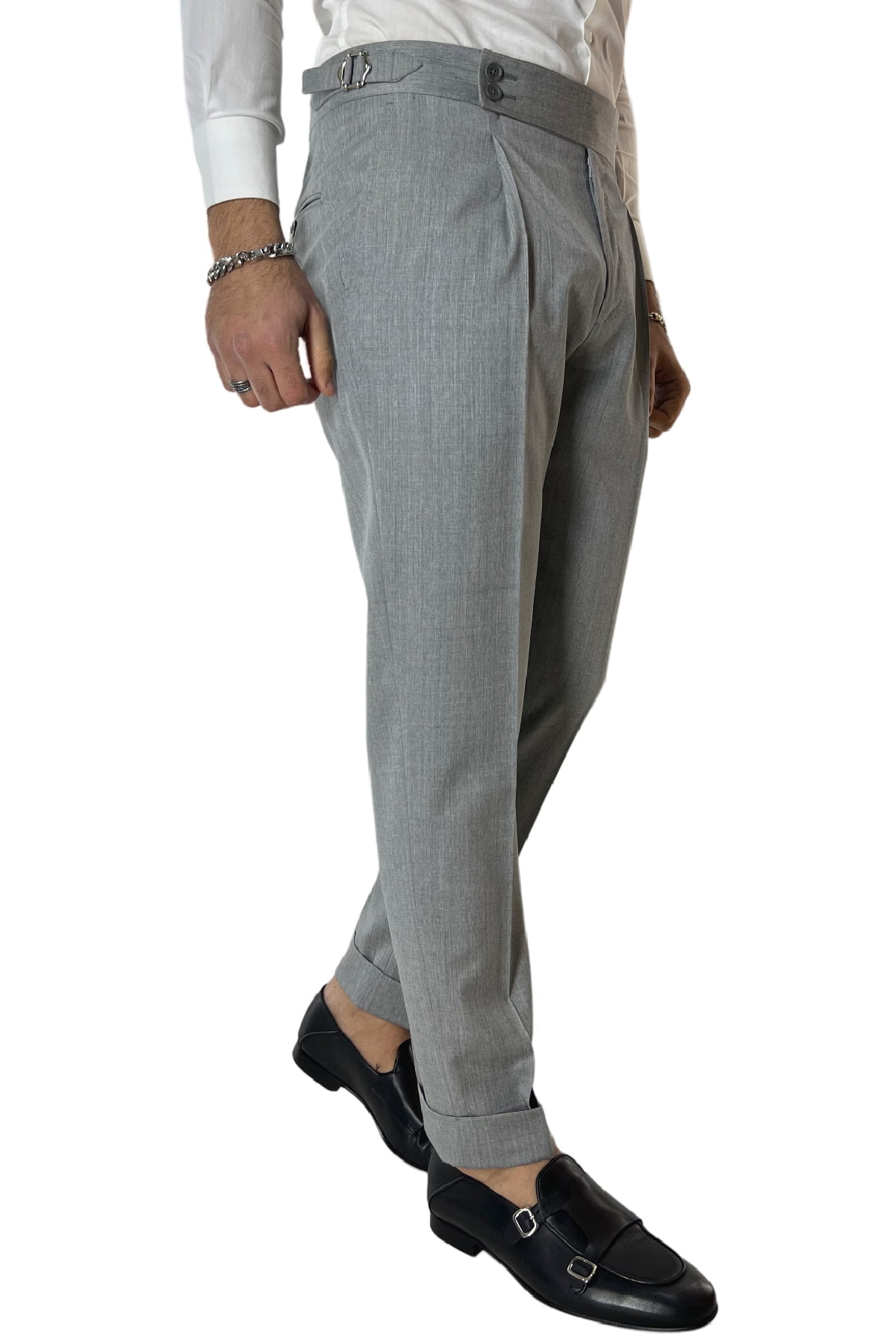 Pantalone uomo grigio chiaro fresco lana Vitale Barberis vita alta con pinces fibbie laterali e risvolto 4cm