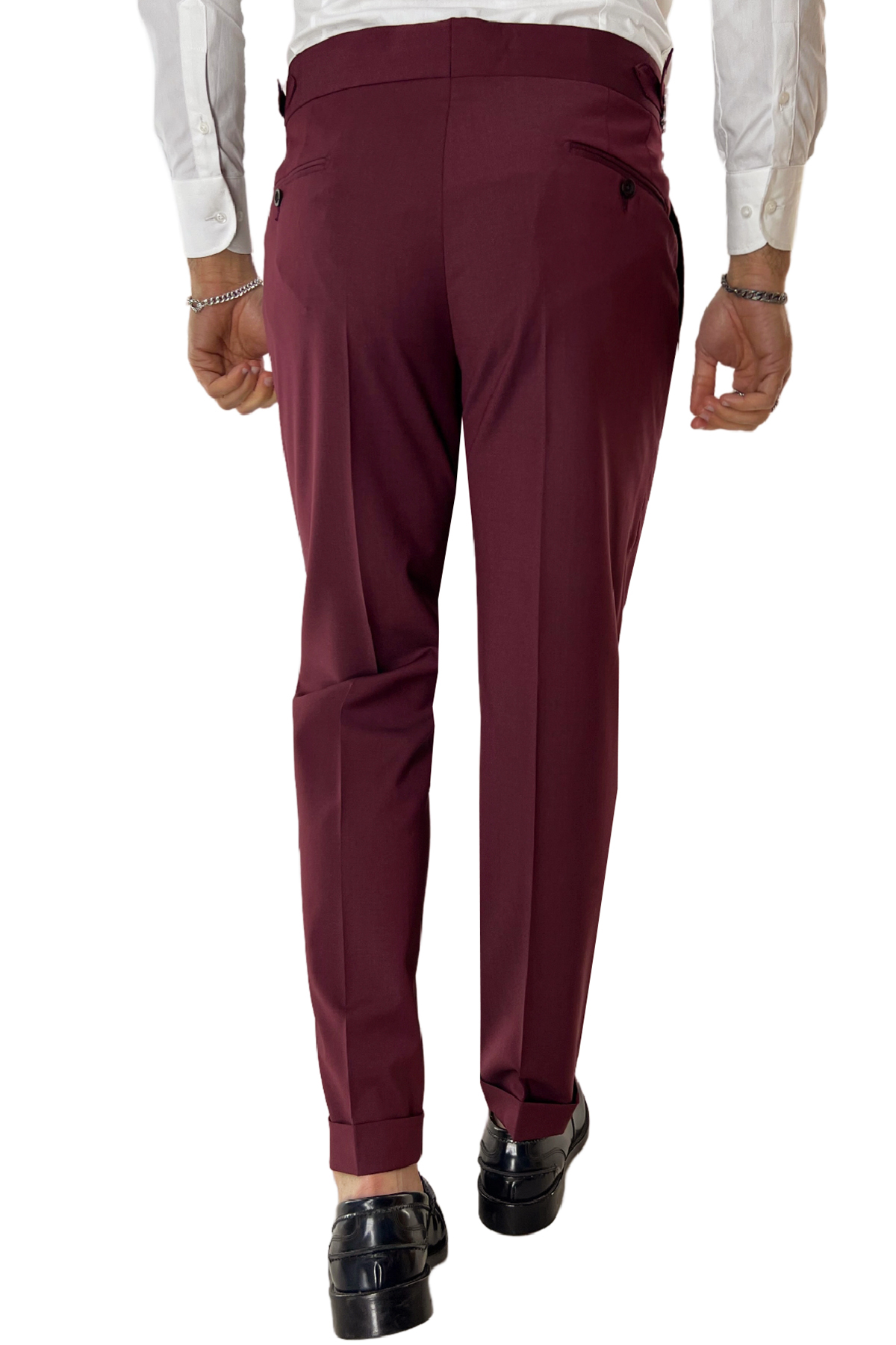 Pantalone uomo bordeaux fresco lana Vitale Barberis vita alta con pinces fibbie laterali e risvolto 4cm