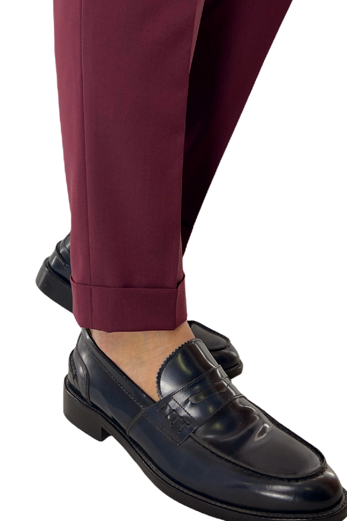 Pantalone uomo bordeaux fresco lana Vitale Barberis vita alta con pinces fibbie laterali e risvolto 4cm