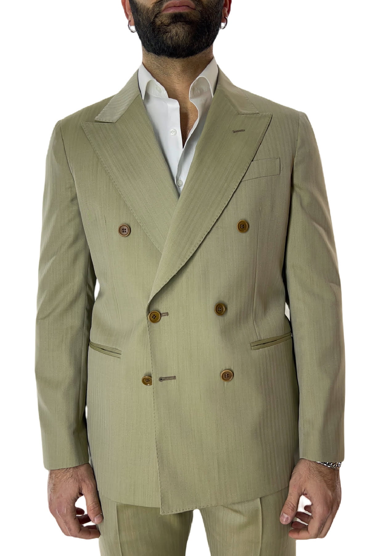 Abito uomo Verde chiaro Solaro con giacca doppiopetto e pantalone vita alta in fresco lana e seta Holland & Sherry