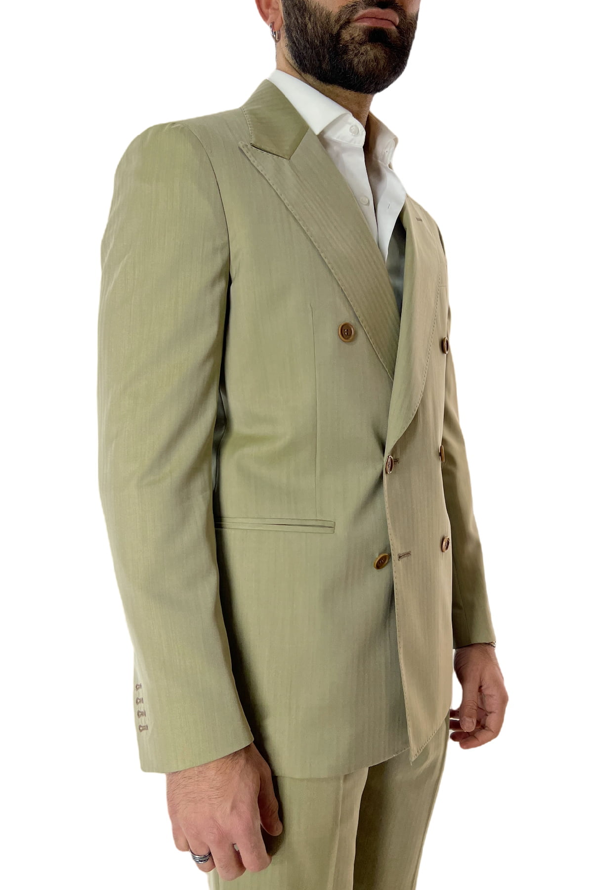 Abito uomo Verde chiaro Solaro con giacca doppiopetto e pantalone vita alta in fresco lana e seta Holland & Sherry