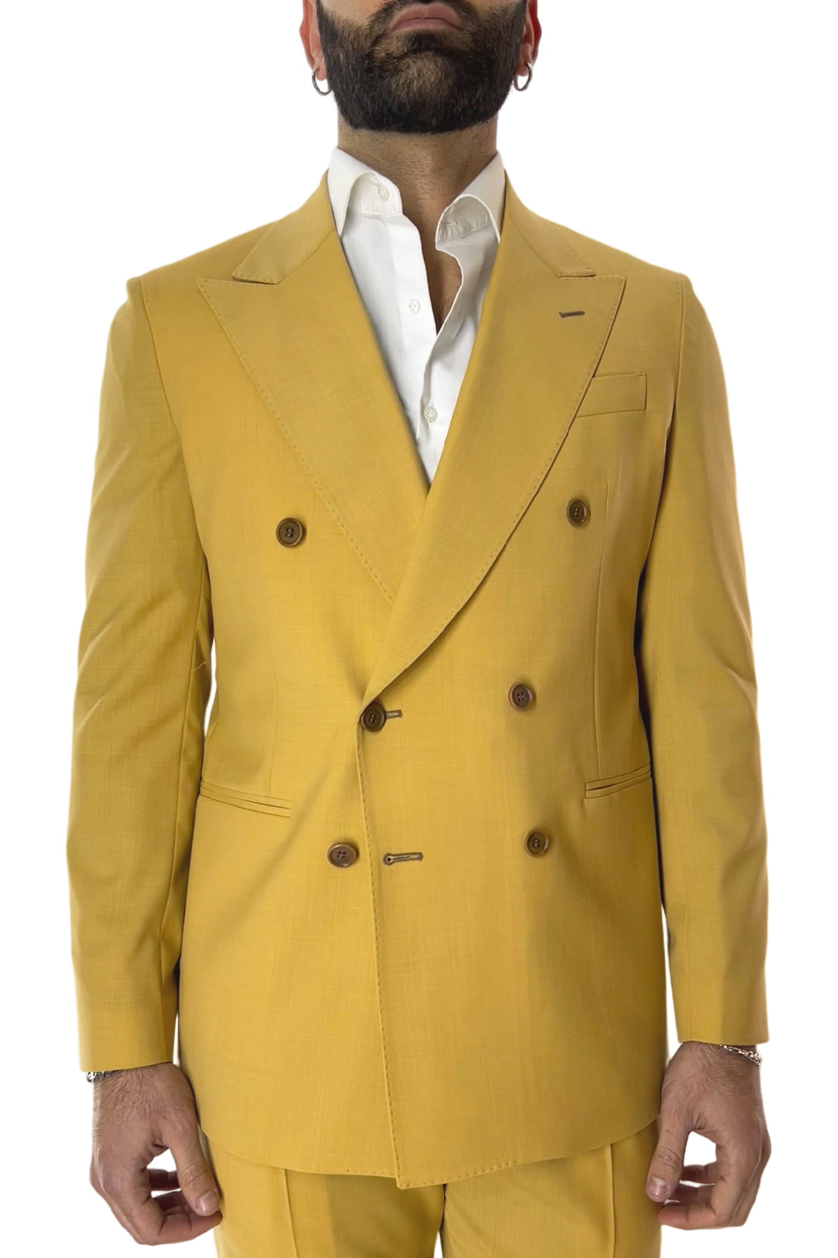 Abito uomo giallo con giacca doppiopetto e pantalone vita alta in fresco lana made in italy
