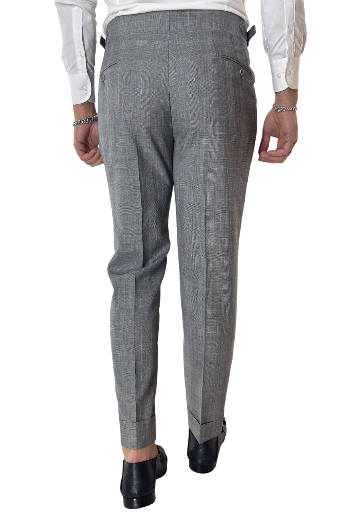 Pantalone uomo grigio fantasia principe di galles in fresco lana 120's vita alta con pinces fibbie laterali e risvolto 4cm