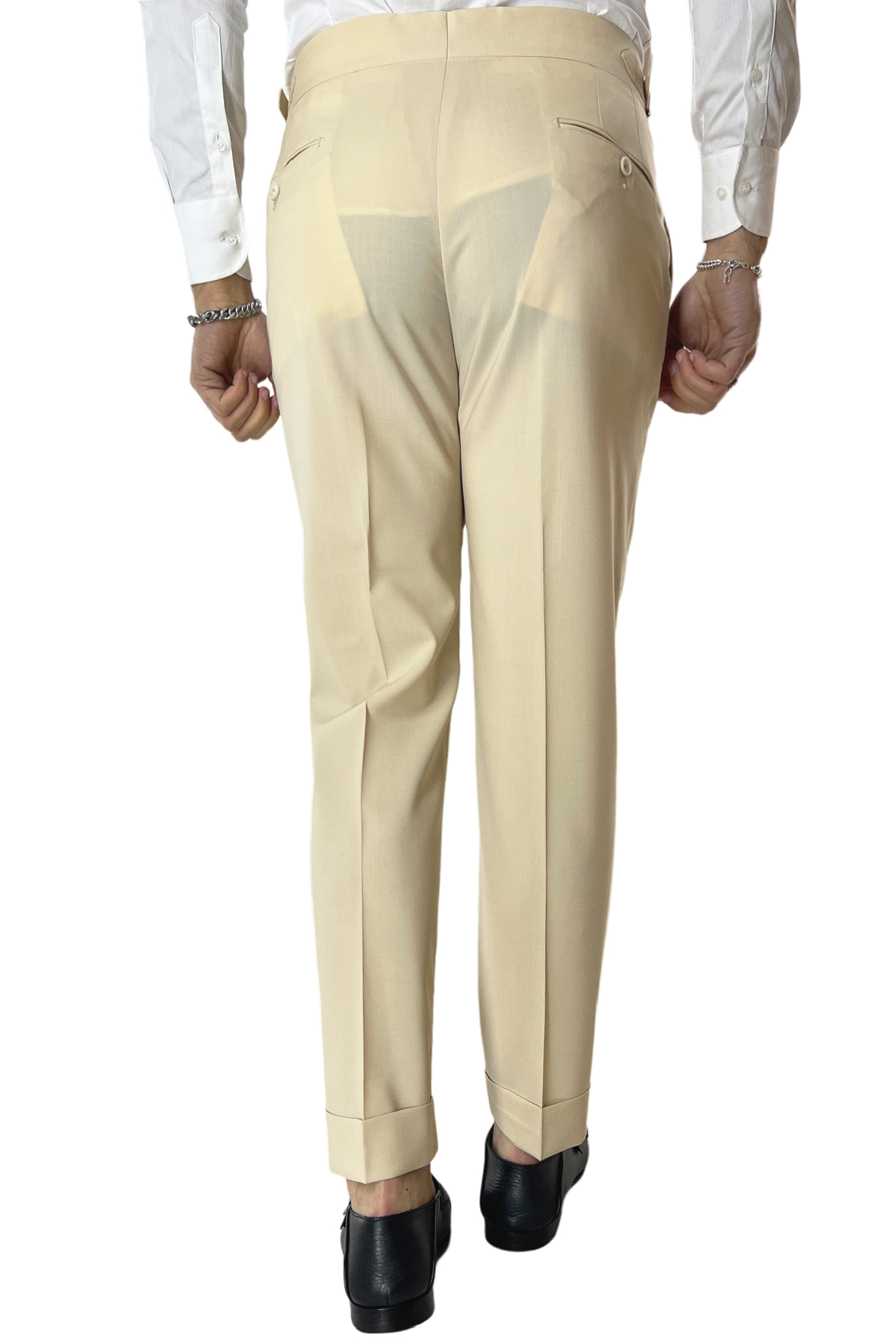 Abito uomo doppiopetto beige chiaro in fresco lana 100’s Holland & Sherry con pantalone vita alta