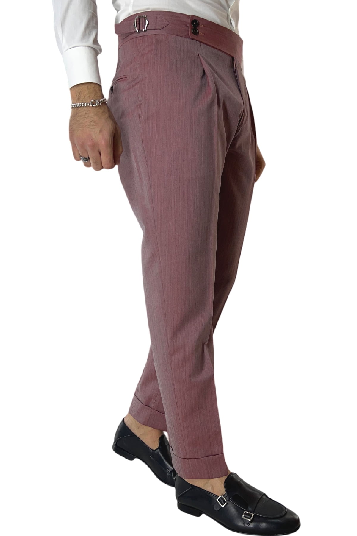 Pantalone uomo Bordeaux Solaro in fresco lana e seta Holland & Sherry vita alta con pinces fibbie laterali e risvolto 4cm