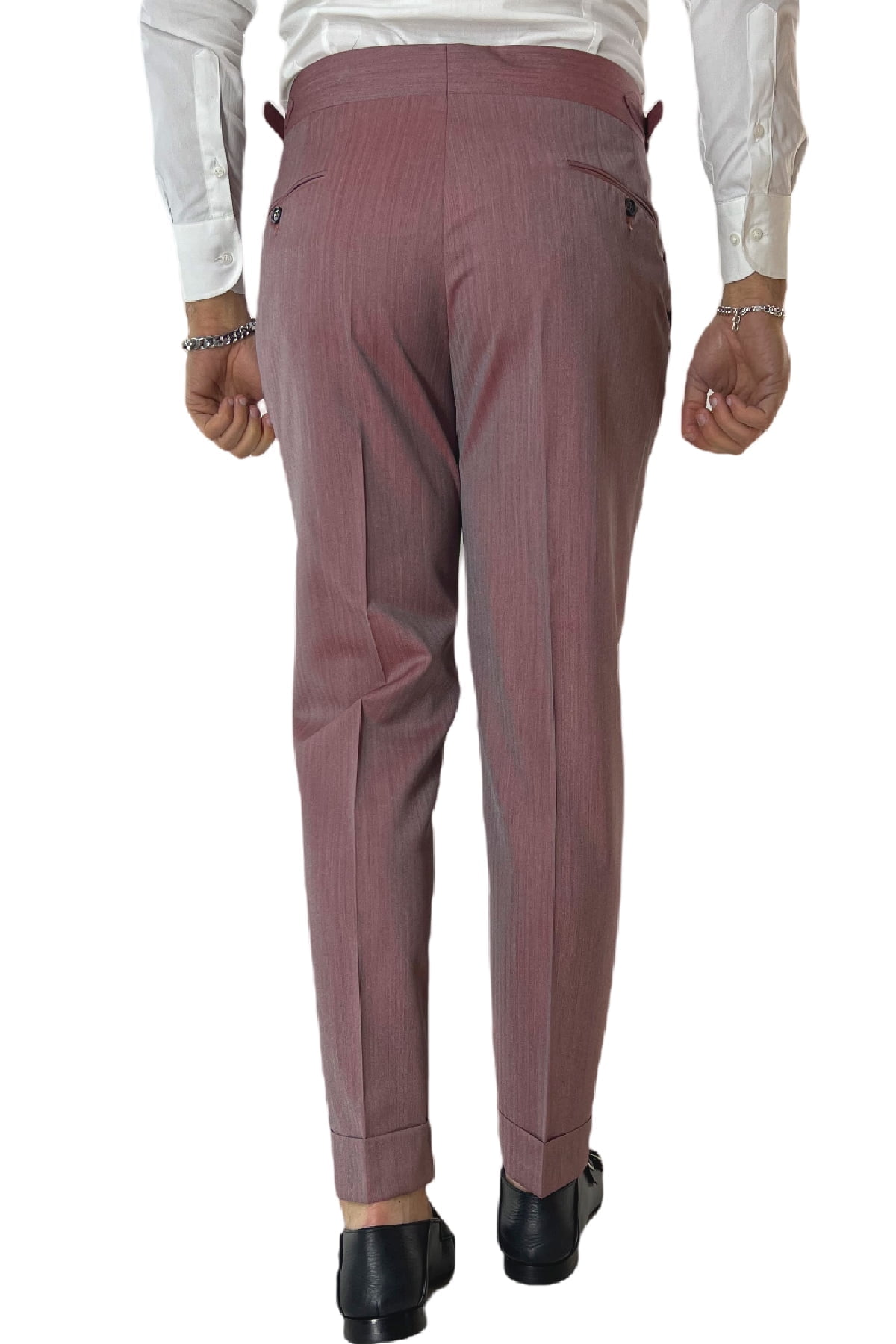 Pantalone uomo Bordeaux Solaro in fresco lana e seta Holland & Sherry vita alta con pinces fibbie laterali e risvolto 4cm