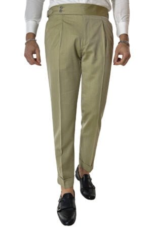 Pantalone uomo Verde Chiaro Solaro in fresco lana e seta Holland & Sherry vita alta con pinces fibbie laterali e risvolto 4cm