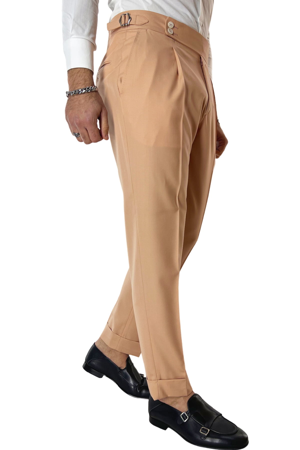 Pantalone uomo Pesca in fresco lana 140's Holland & Sherry vita alta con pinces fibbie laterali e risvolto 4cm