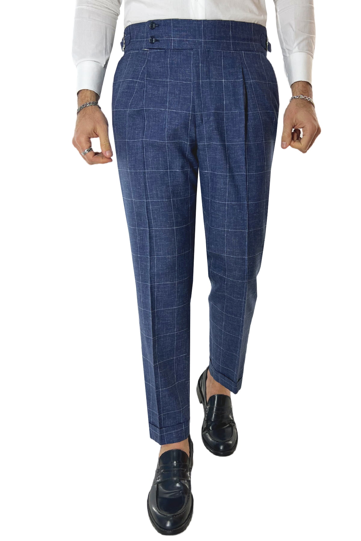 Pantalone uomo blu denim fantasia quadri fresco lana 250 grammi vita alta con pinces fibbie laterali e risvolto 4cm