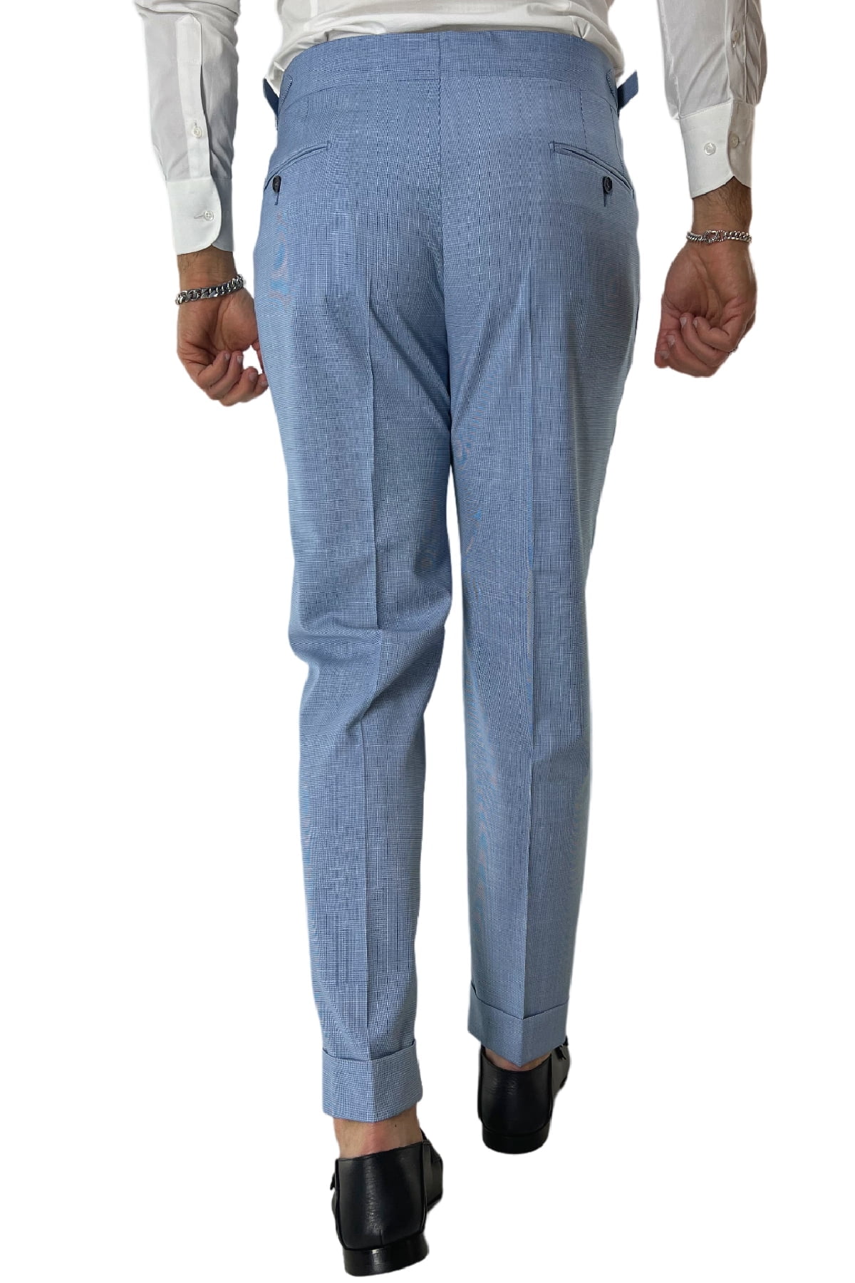 Pantalone uomo Celeste pied de poule in fresco lana vita alta con pinces fibbie laterali e risvolto 4cm