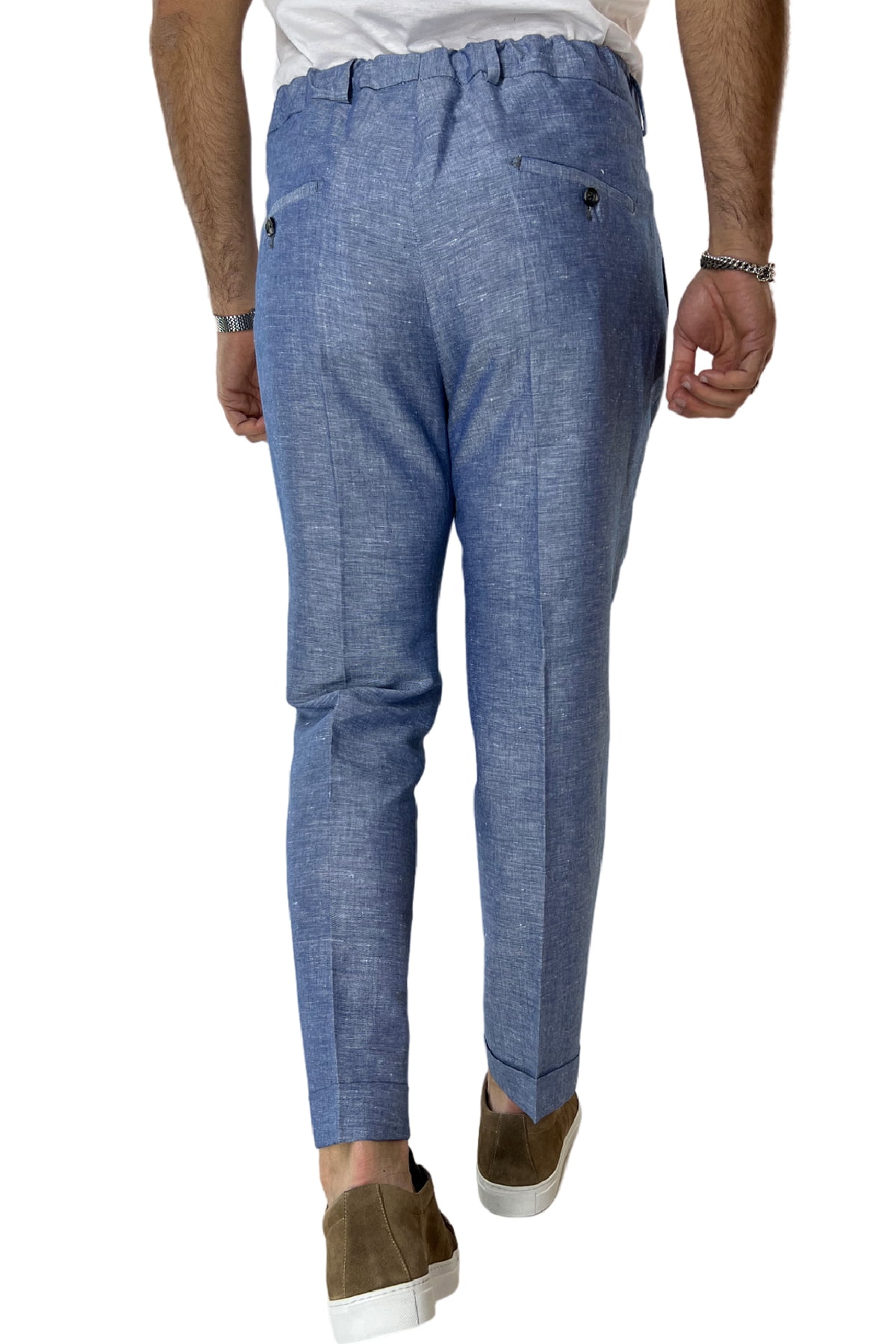 Pantalaccio uomo color denim in lino e cotone tasca america con doppia pence e laccio in vita risvolto 4cm