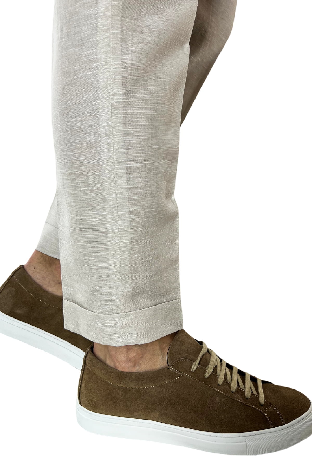 Pantalaccio uomo beige in lino e cotone tasca america con doppia pence e laccio in vita risvolto 4cm