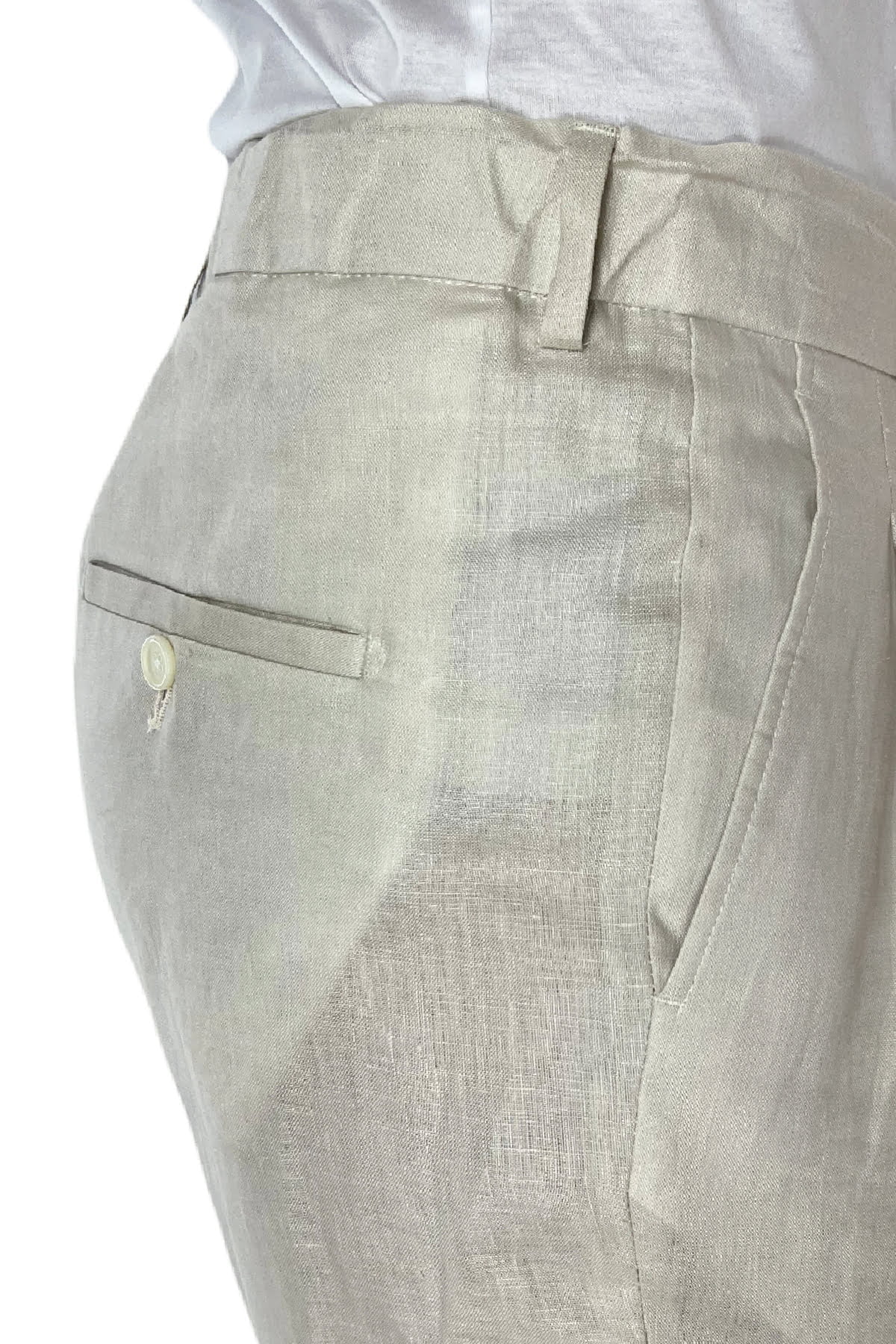 Pantalaccio uomo beige in lino e cotone tasca america con doppia pence e laccio in vita risvolto 4cm