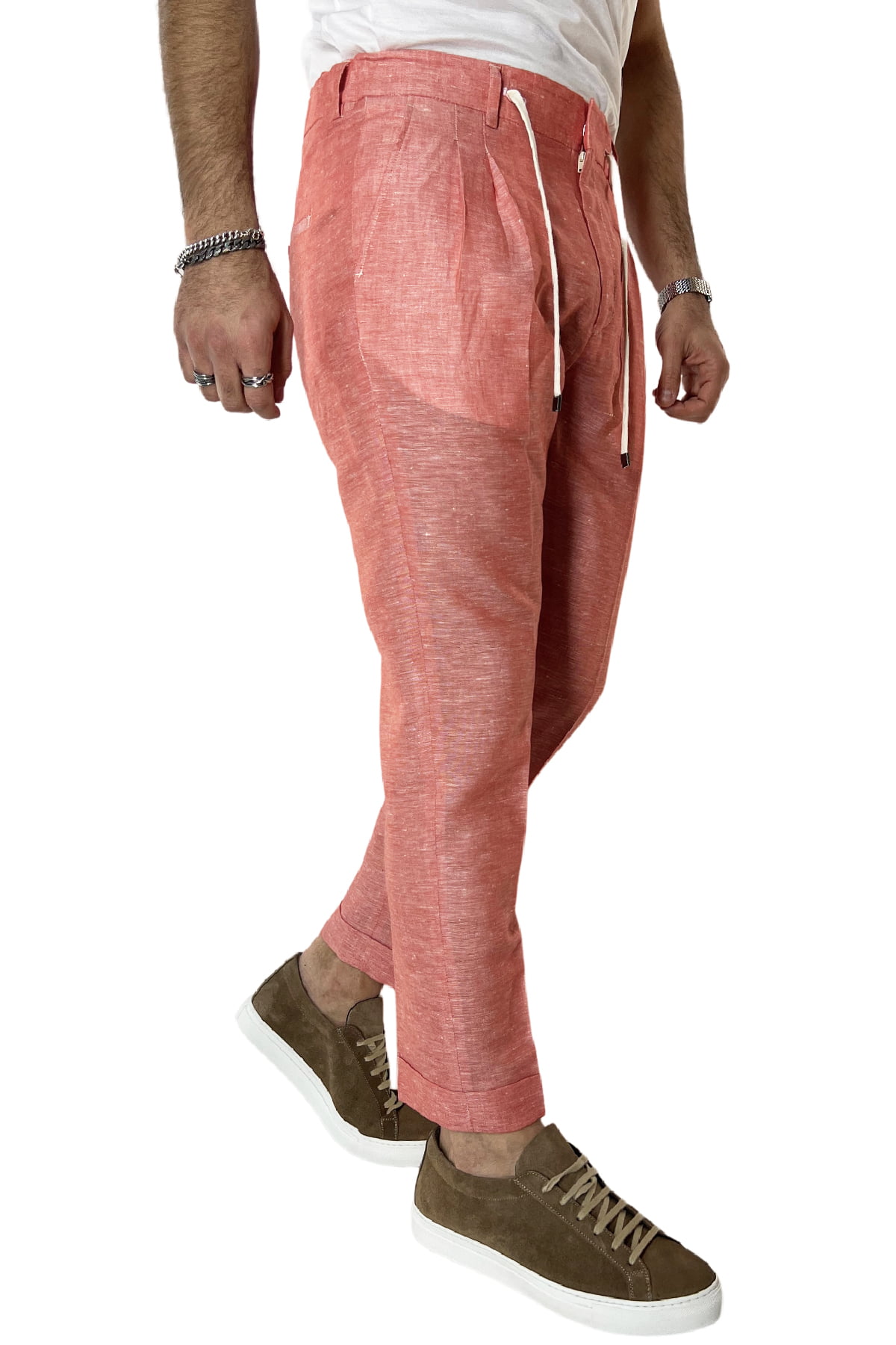 Pantalaccio uomo arancio in lino e cotone tasca america con doppia pence e laccio in vita risvolto 4cm