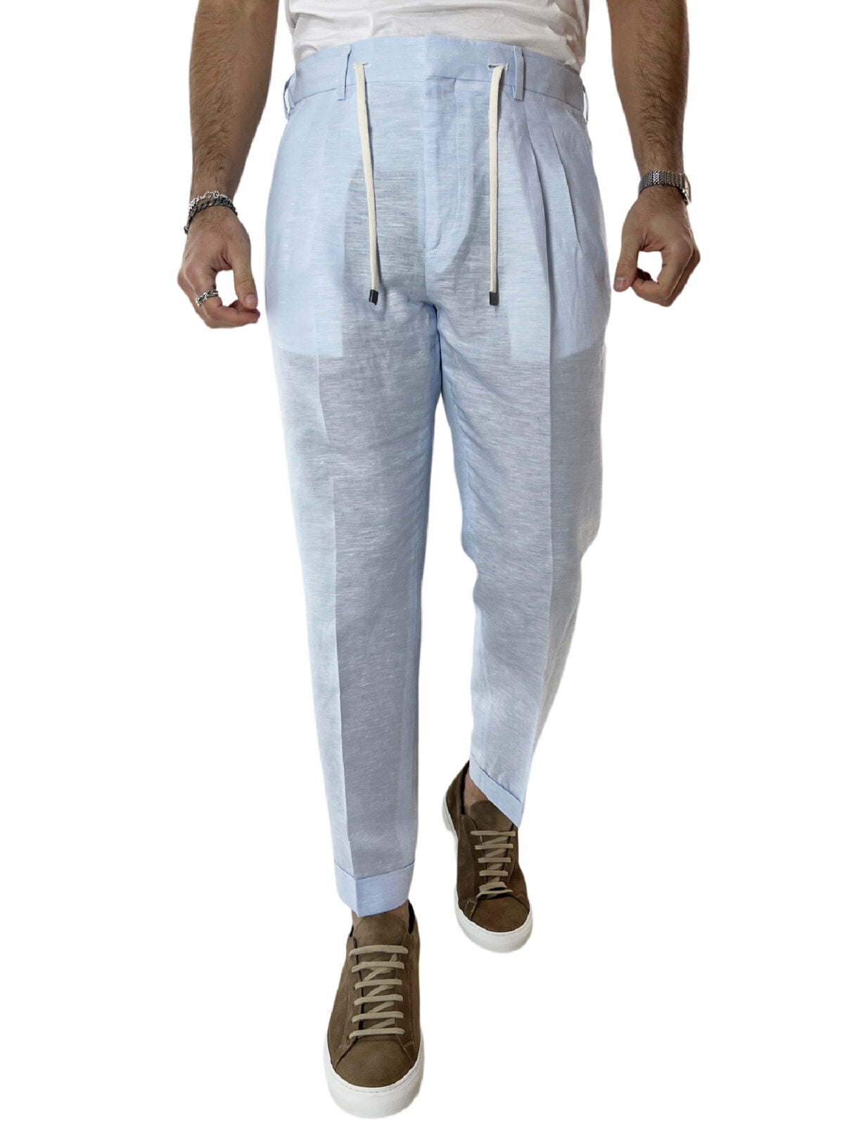Pantalaccio uomo celeste in lino e cotone tasca america con doppia pence e laccio in vita risvolto 4cm