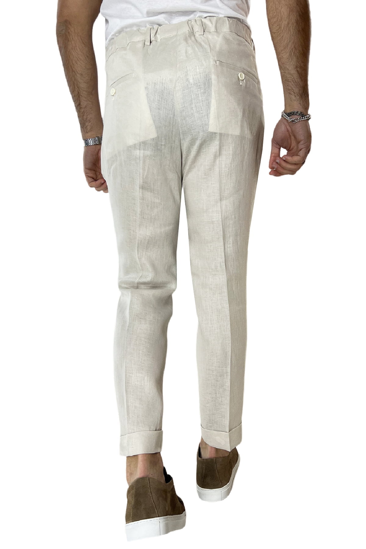 Pantalaccio uomo beige in lino 100% tasca america con doppia pence e laccio in vita risvolto 4cm
